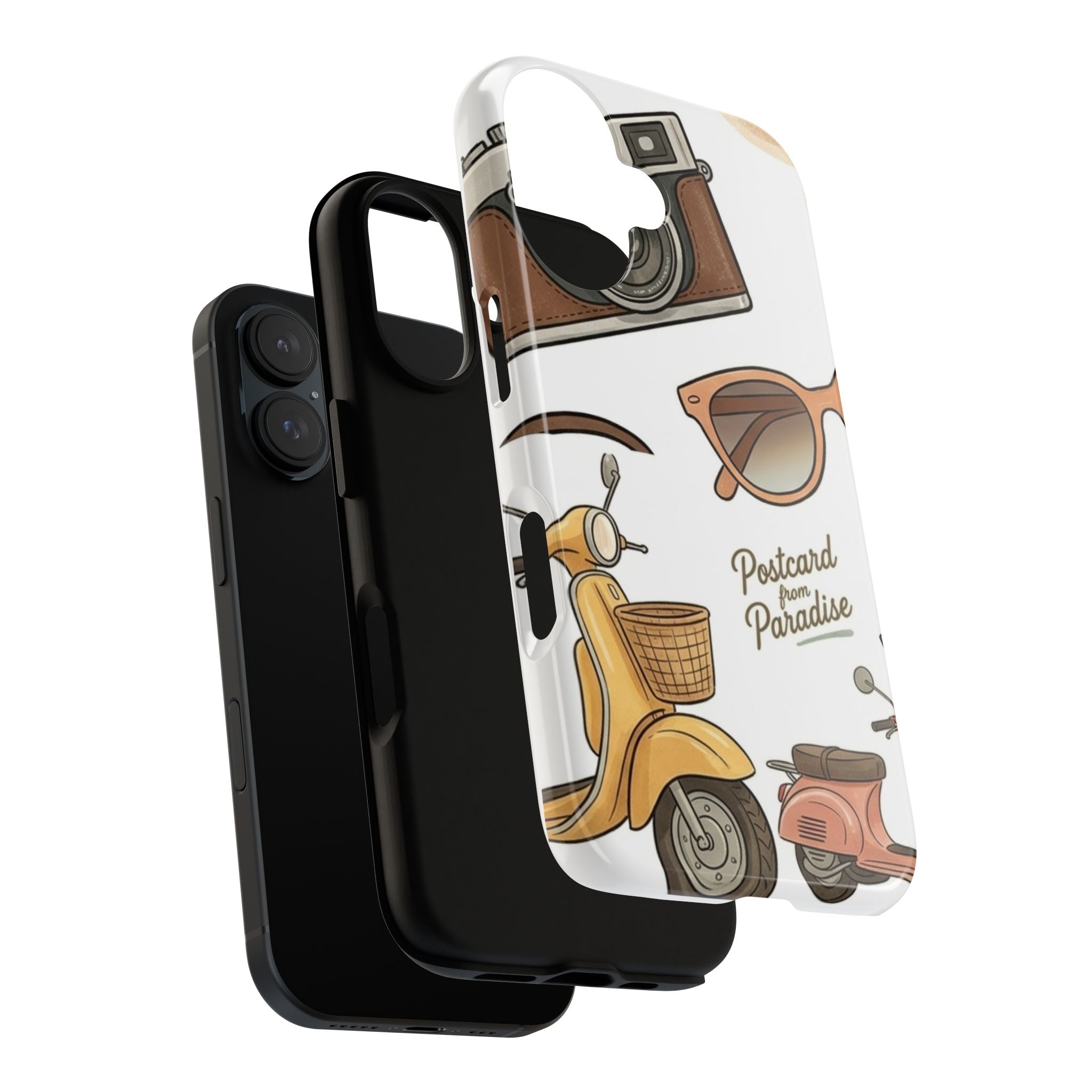 Vintage Summer Beach Phone Case — Feminine Travel Pattern with Cameras, Sunglasses & Scooter