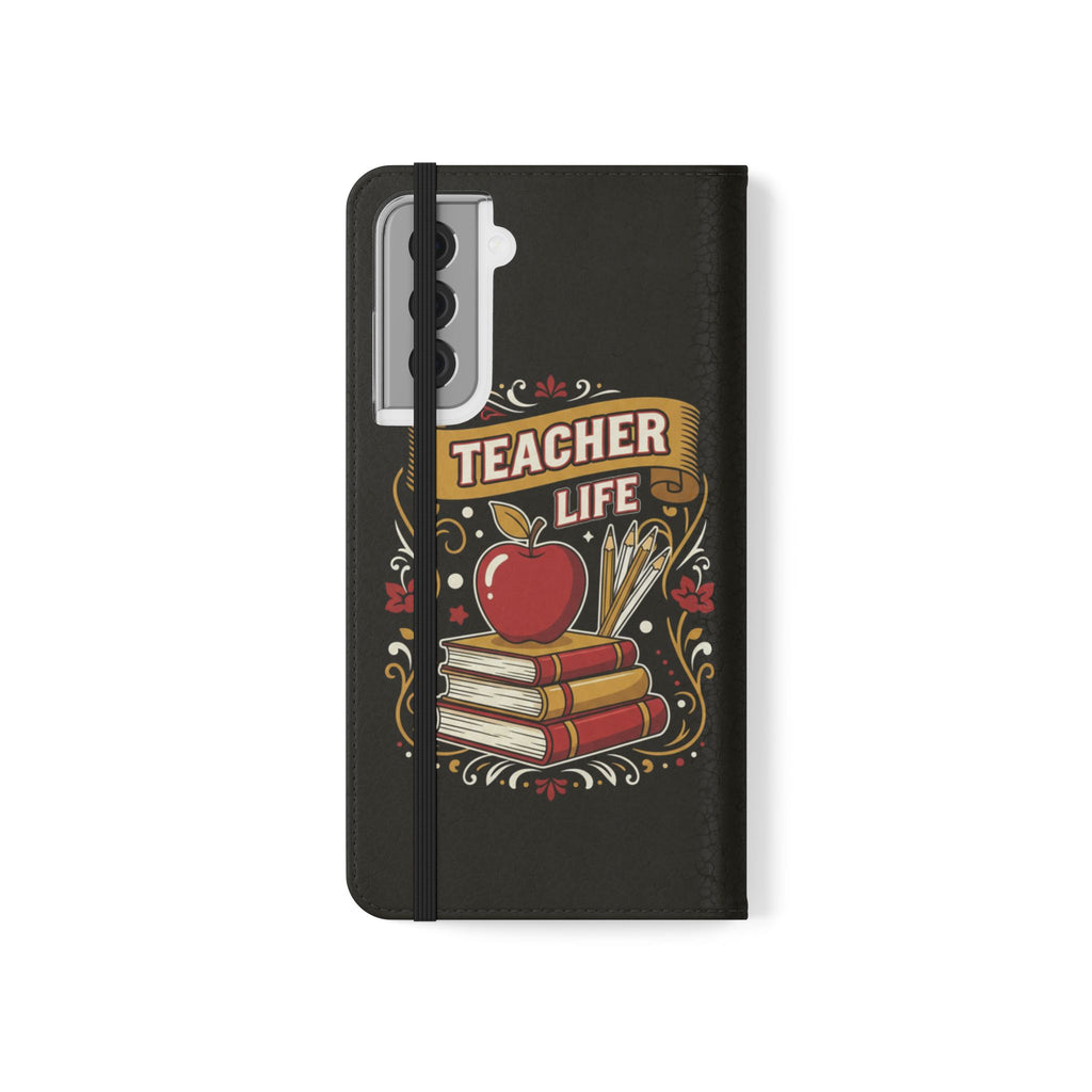 Teacher Life Flip Phone Case – Wallet Folio with Apple & Books Design