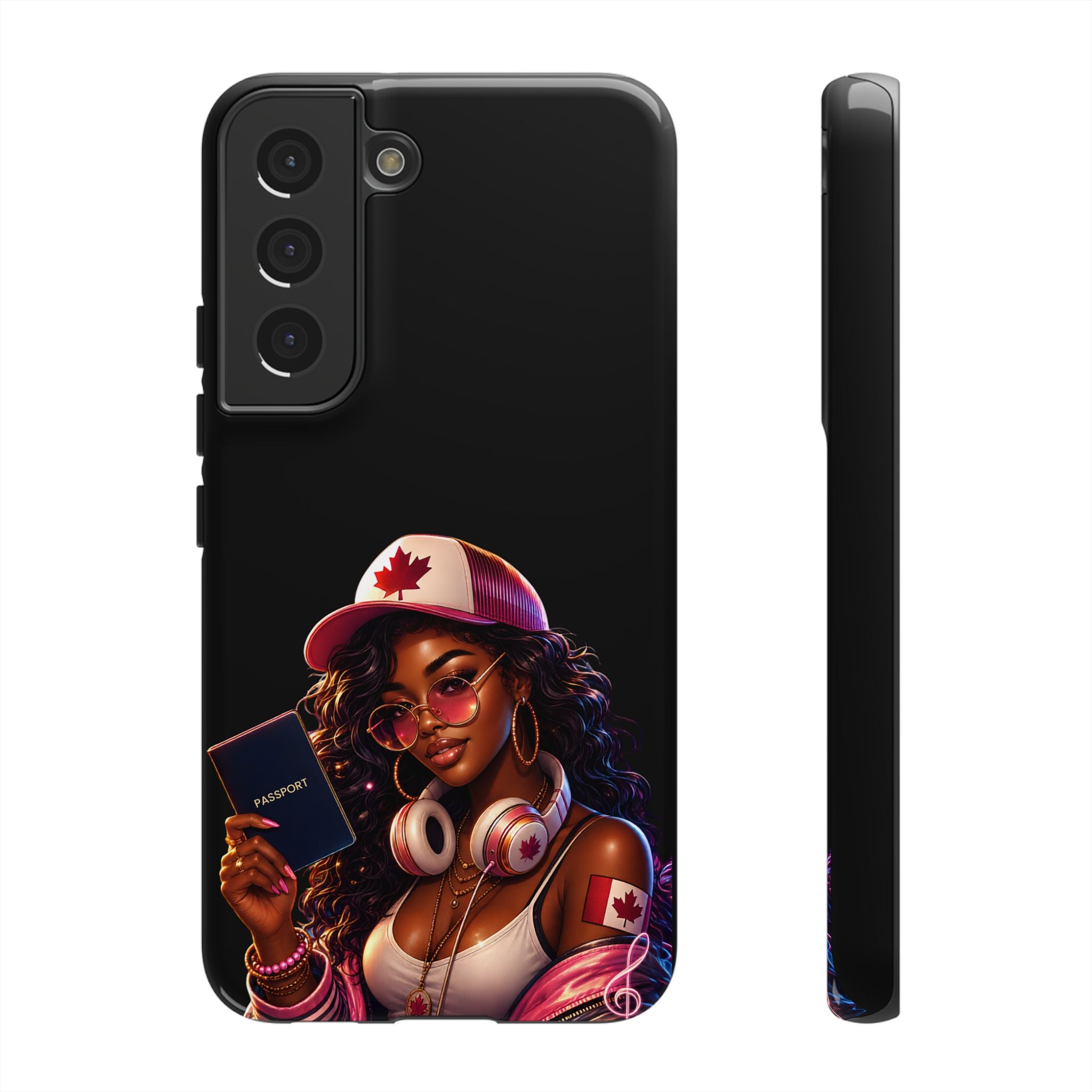 Canadian Vibes Phone Case — Afrobeat Girl with Headphones & Passport Design