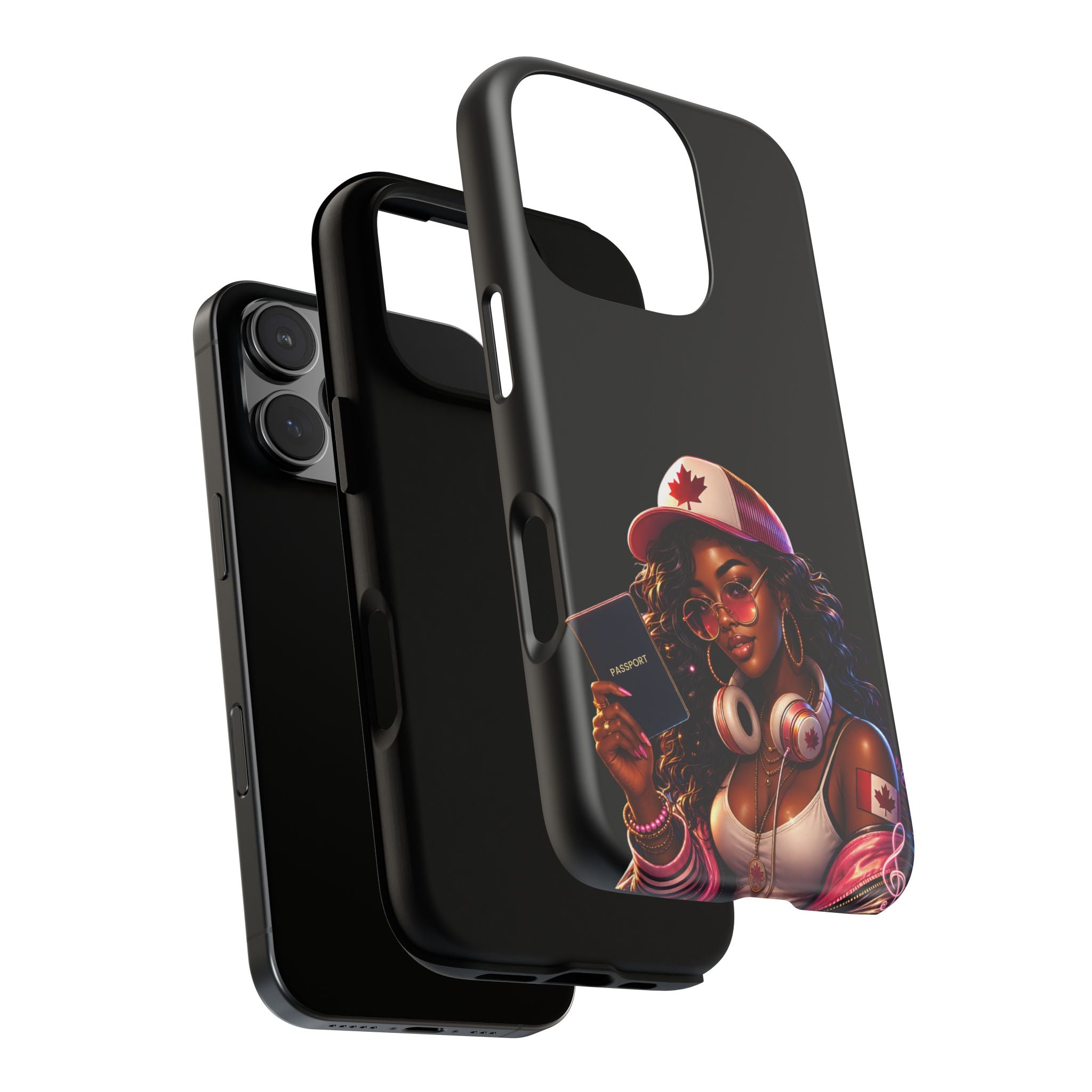 Canadian Vibes Phone Case — Afrobeat Girl with Headphones & Passport Design