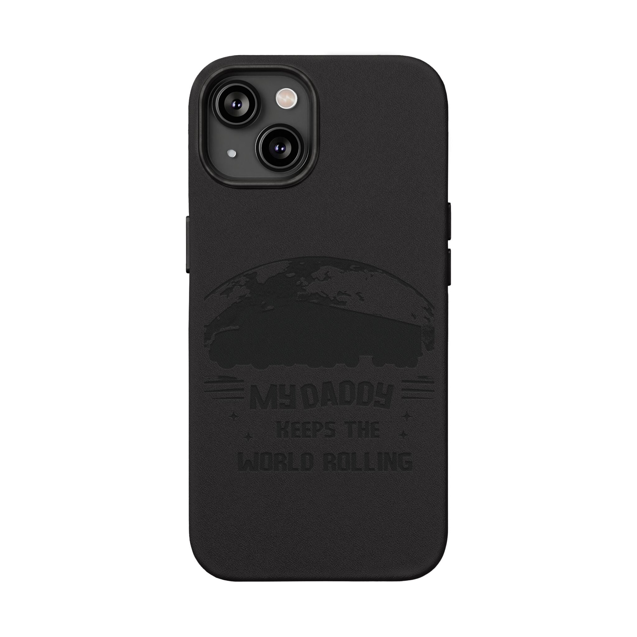 Engraved PU Leather Phone Case — 'Mhdaddy Keeps the World Rolling' Vintage Van Design