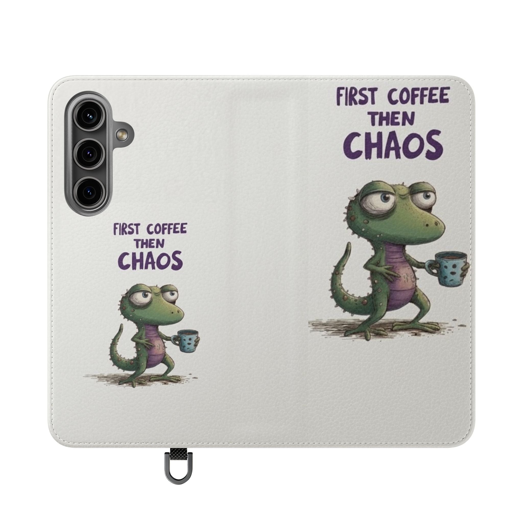 Flip Case — "First Coffee Then Chaos" Cute Dino Phone Wallet