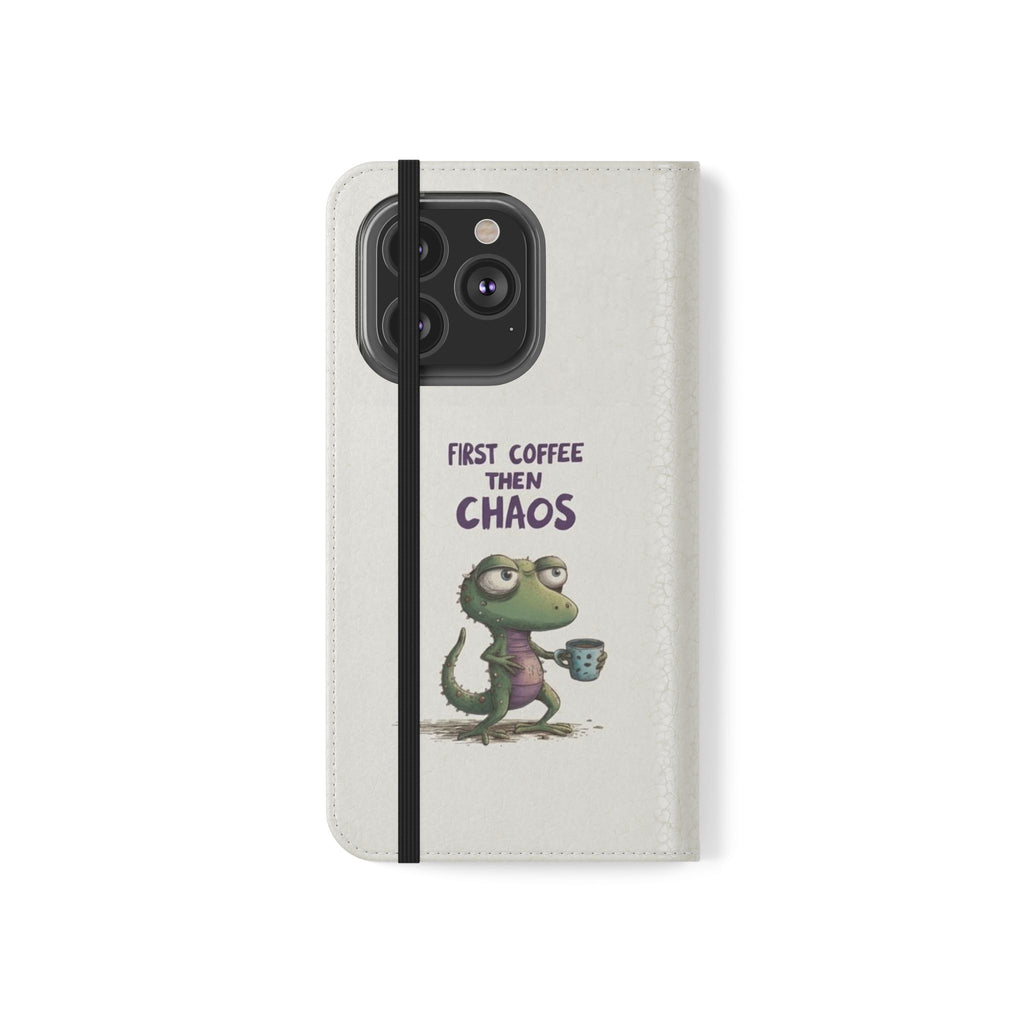 Flip Case — "First Coffee Then Chaos" Cute Dino Phone Wallet