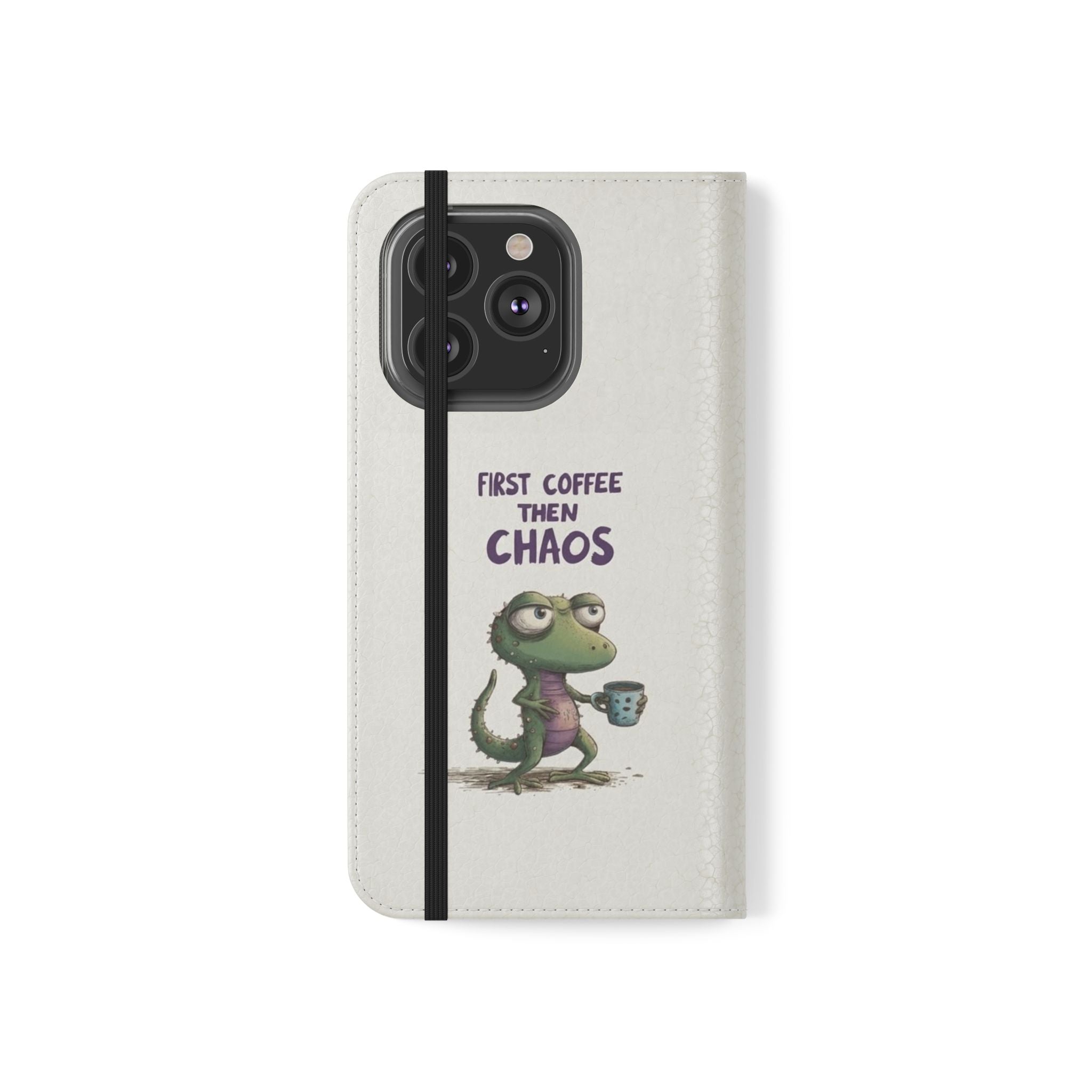Flip Case — "First Coffee Then Chaos" Cute Dino Phone Wallet