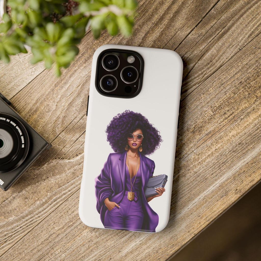 Purple Power Woman Phone Case — Afro Chic Businesswoman Protective Phone Cover