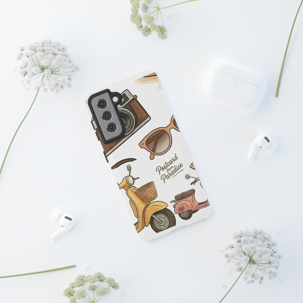 Vintage Summer Beach Phone Case — Feminine Travel Pattern with Cameras, Sunglasses & Scooter