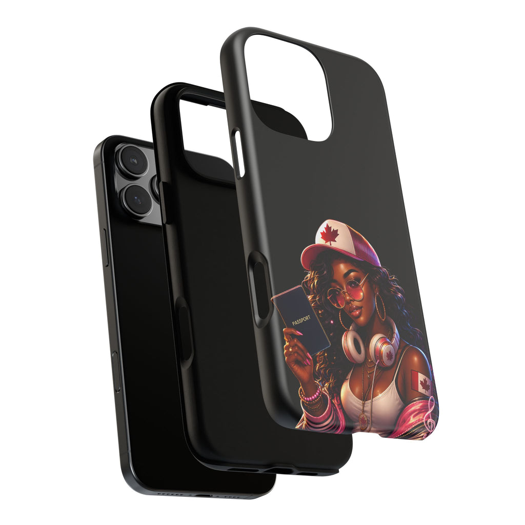 Canadian Vibes Phone Case — Afrobeat Girl with Headphones & Passport Design