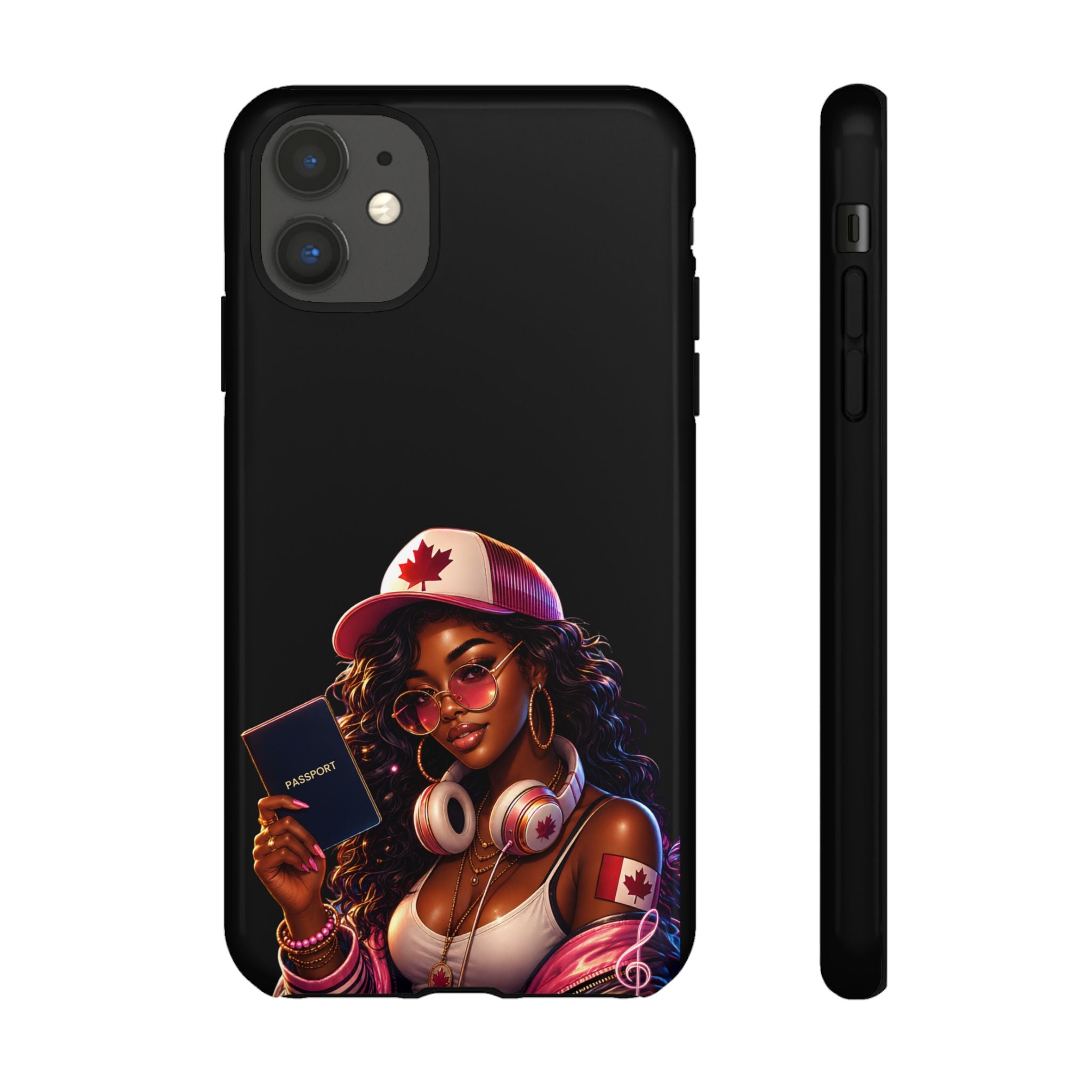 Canadian Vibes Phone Case — Afrobeat Girl with Headphones & Passport Design