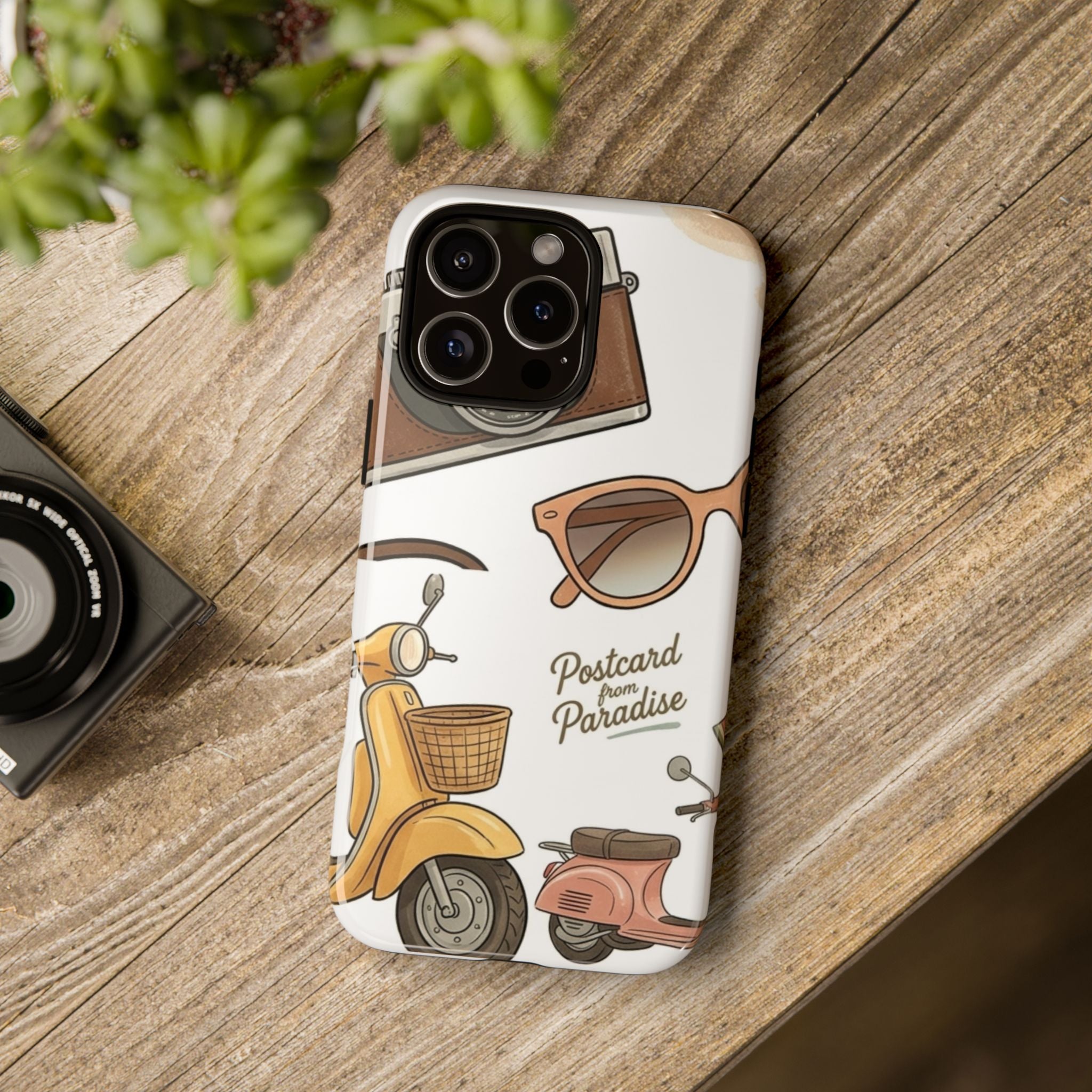 Vintage Summer Beach Phone Case — Feminine Travel Pattern with Cameras, Sunglasses & Scooter