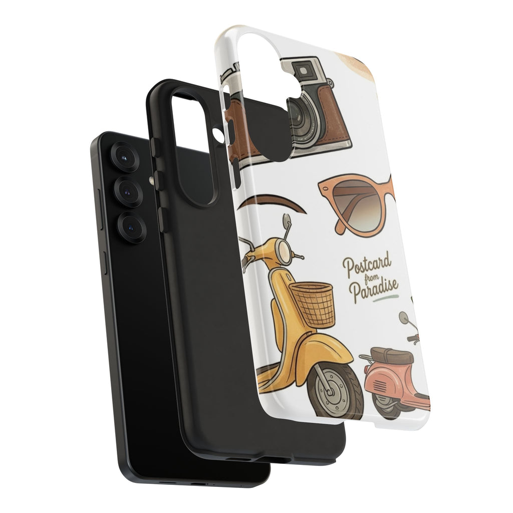 Vintage Summer Beach Phone Case — Feminine Travel Pattern with Cameras, Sunglasses & Scooter