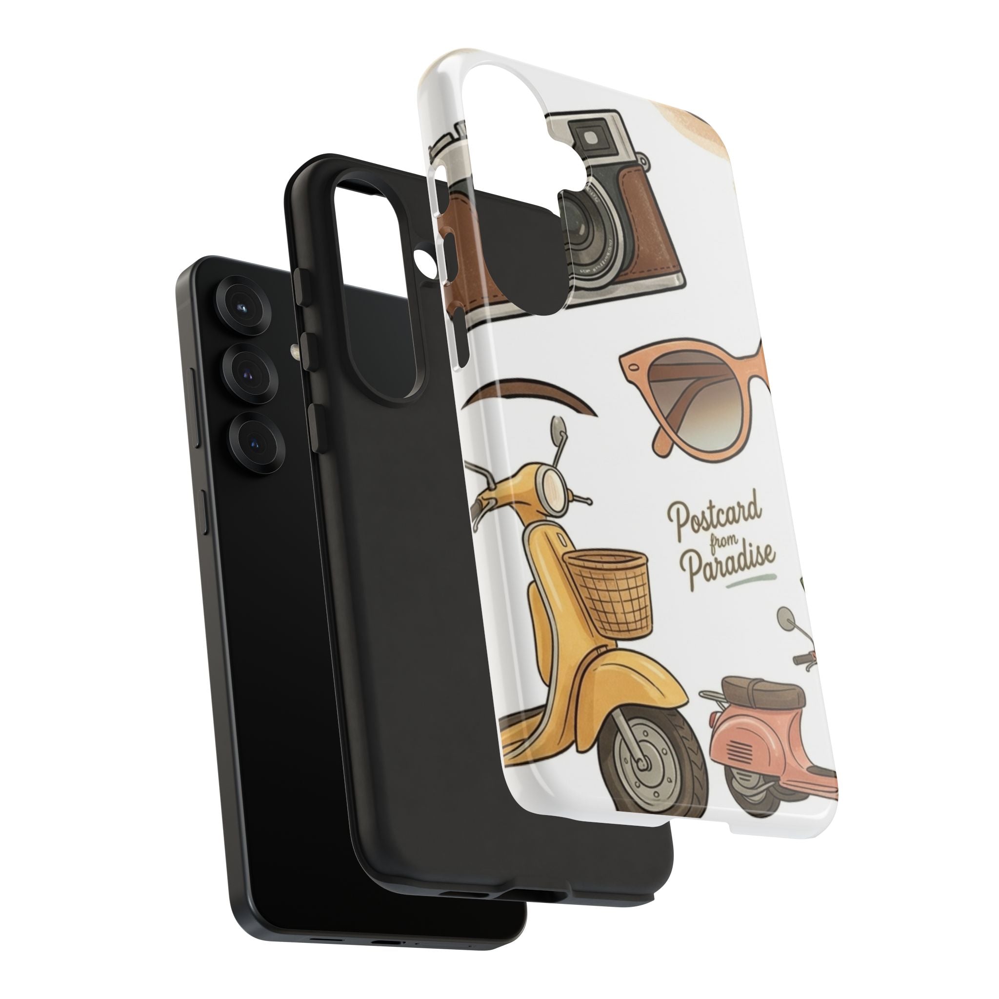 Vintage Summer Beach Phone Case — Feminine Travel Pattern with Cameras, Sunglasses & Scooter
