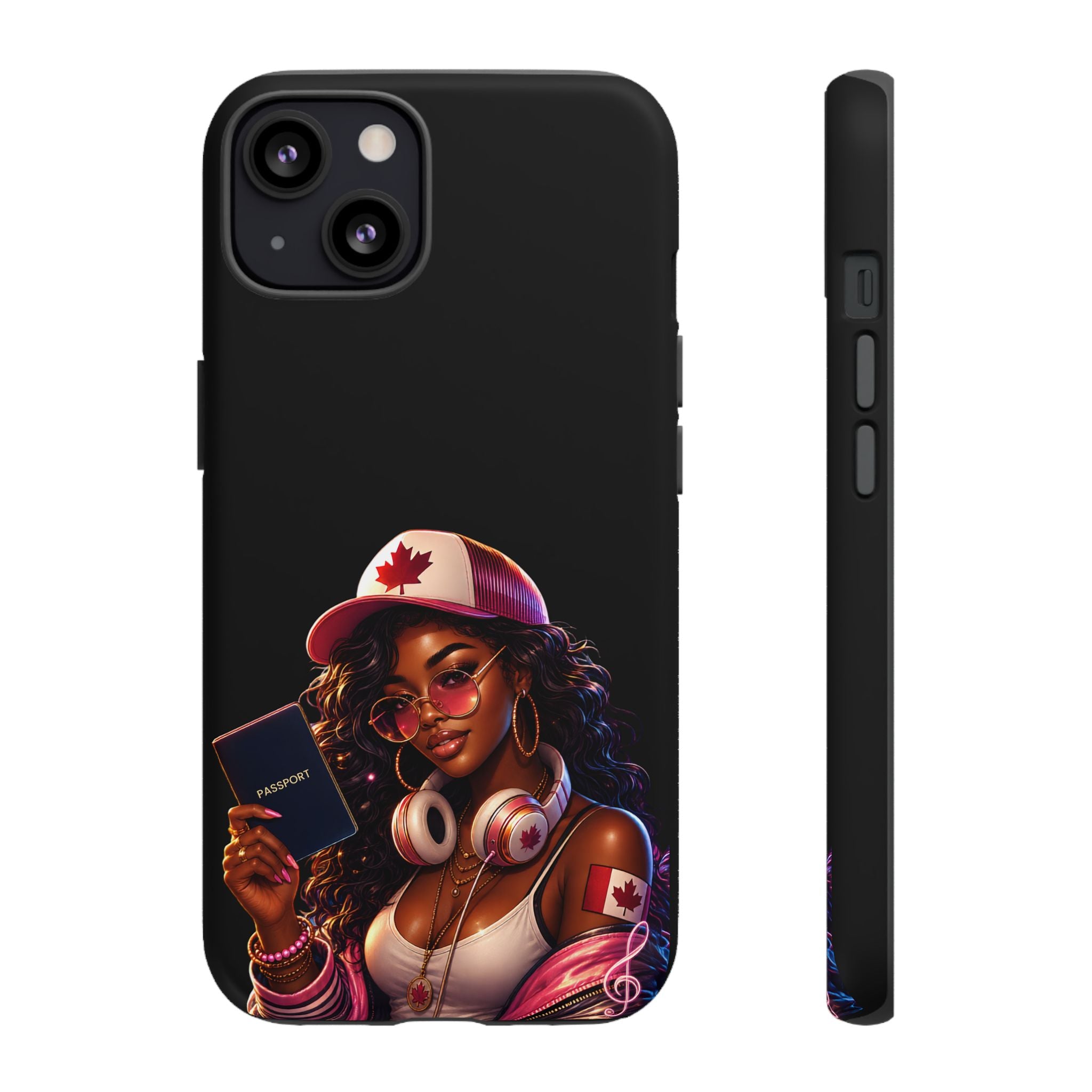 Canadian Vibes Phone Case — Afrobeat Girl with Headphones & Passport Design