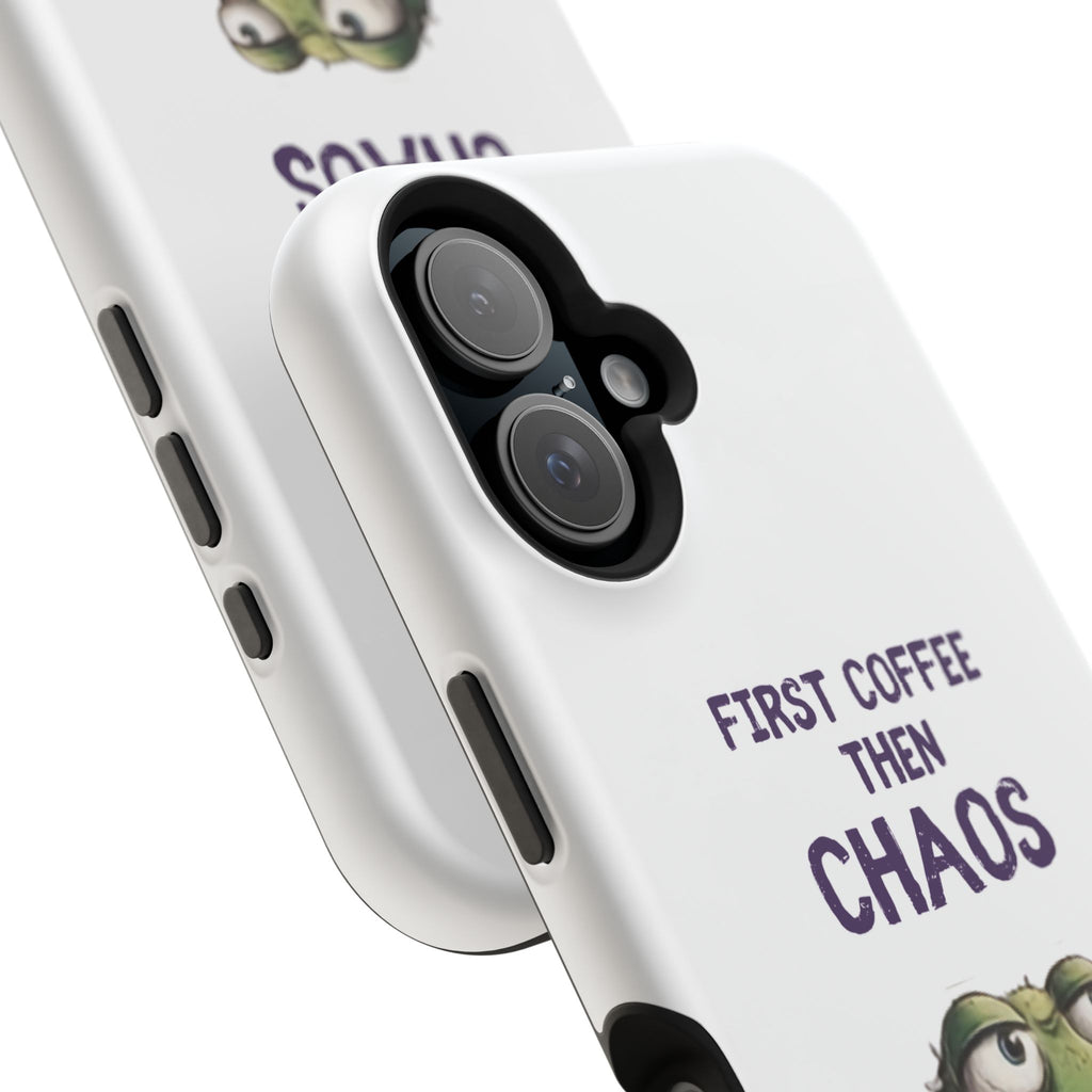 Impact-Resistant Phone Case — "First Coffee Then Chaos" Cute Lizard Coffee Design