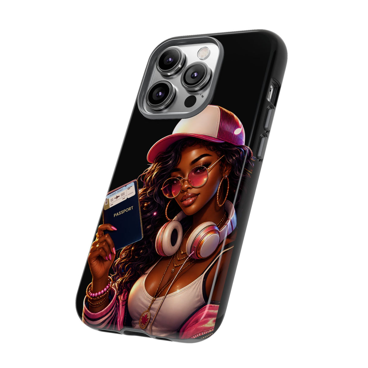 Tough Case – Stylized Urban Girl Phone Case with Headphones & Passport
