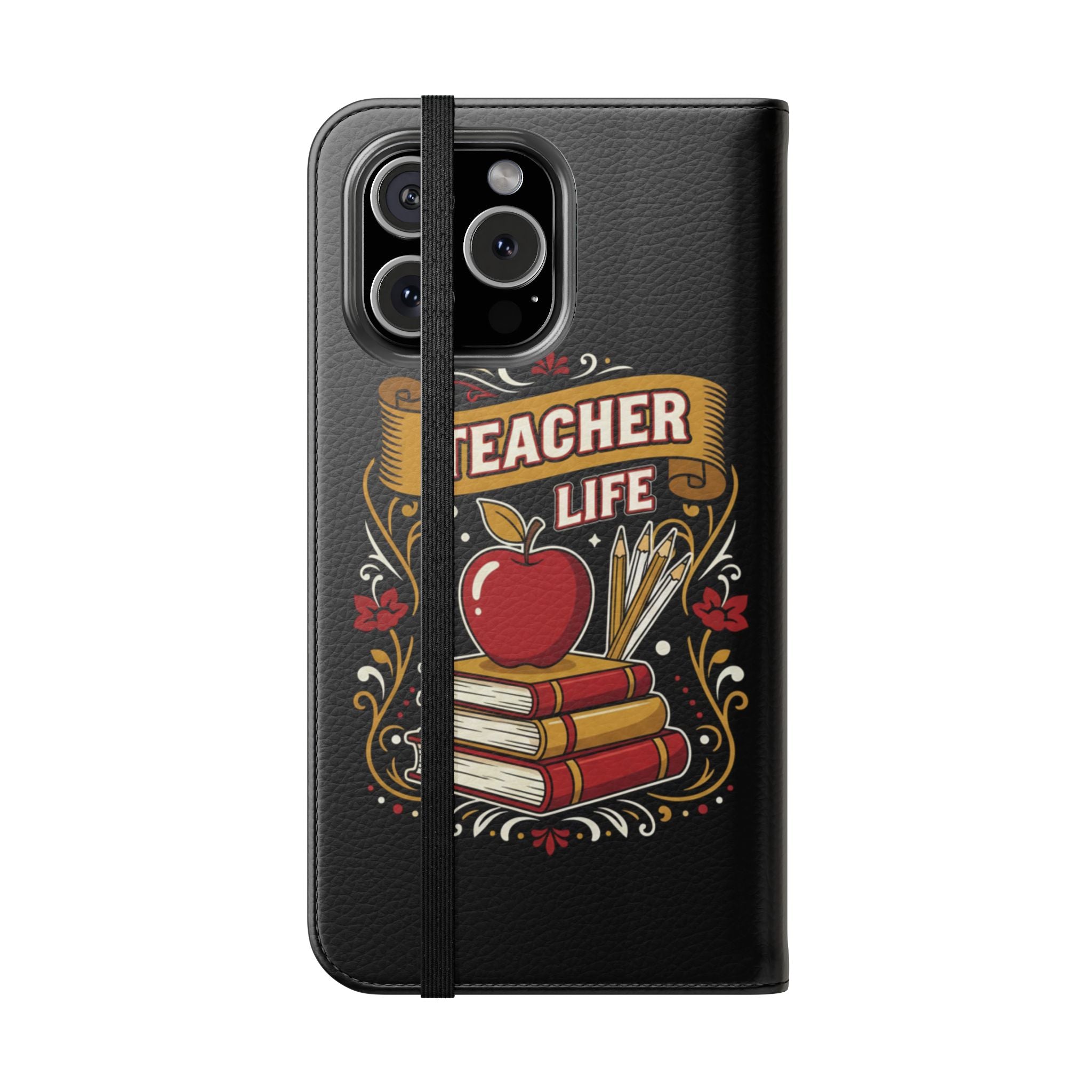 Teacher Life Flip Phone Case – Wallet Folio with Apple & Books Design
