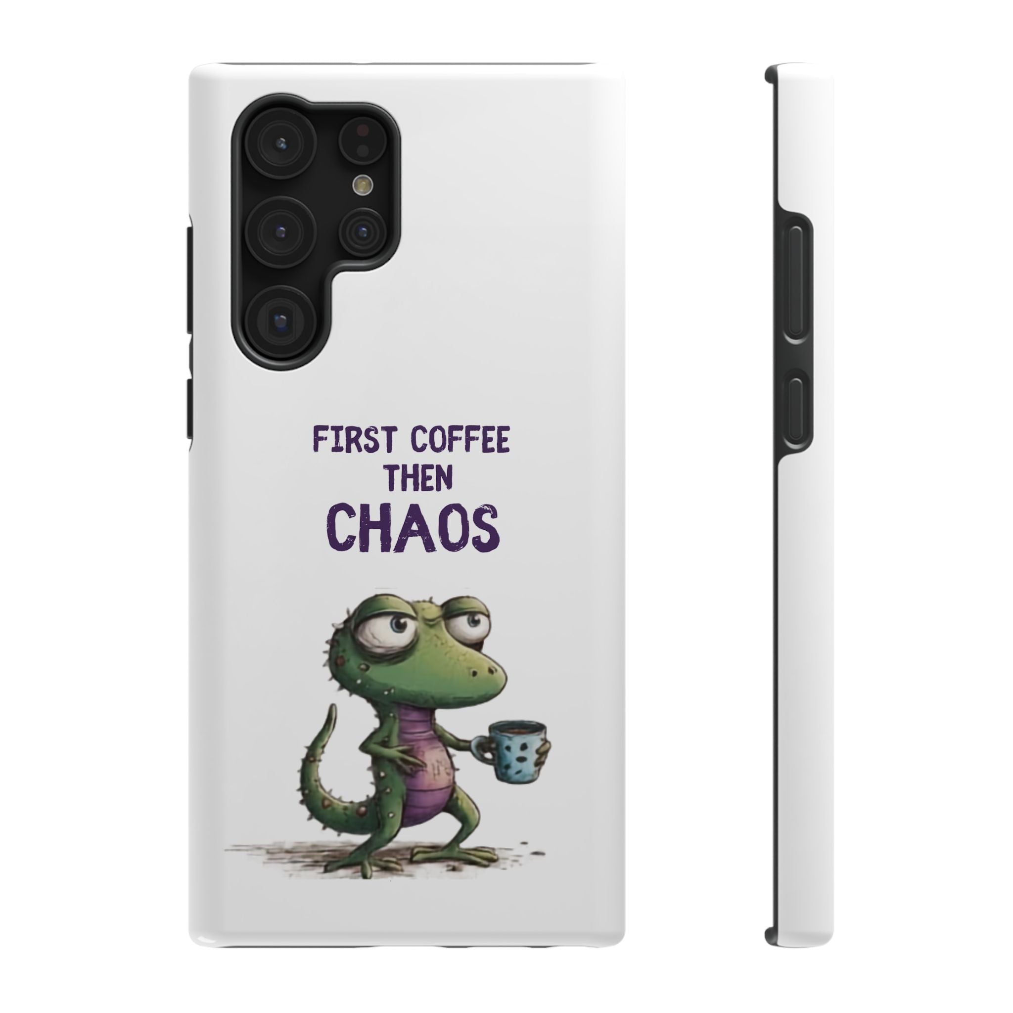 Impact-Resistant Phone Case — "First Coffee Then Chaos" Cute Lizard Coffee Design