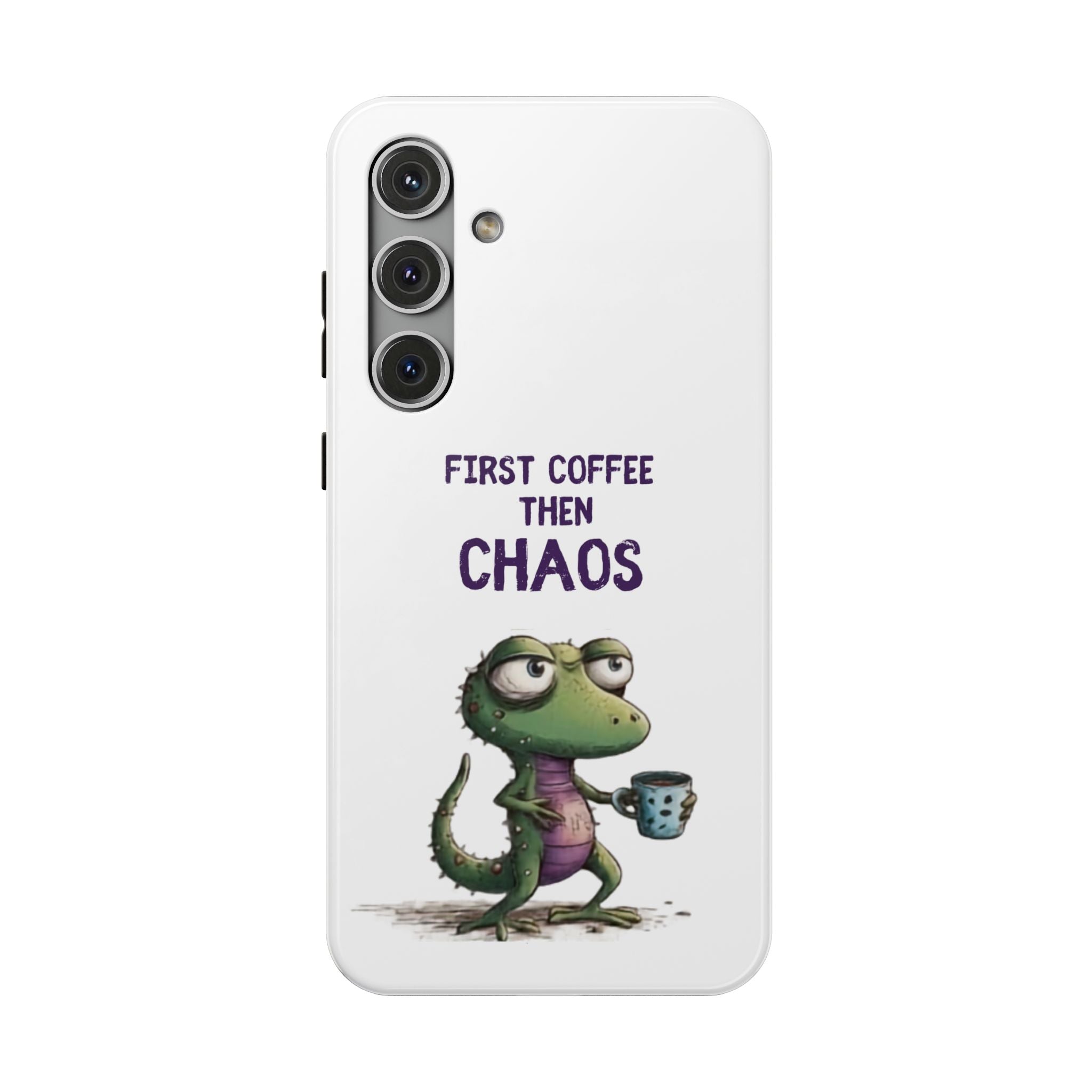 Impact-Resistant Phone Case — "First Coffee Then Chaos" Cute Lizard Coffee Design