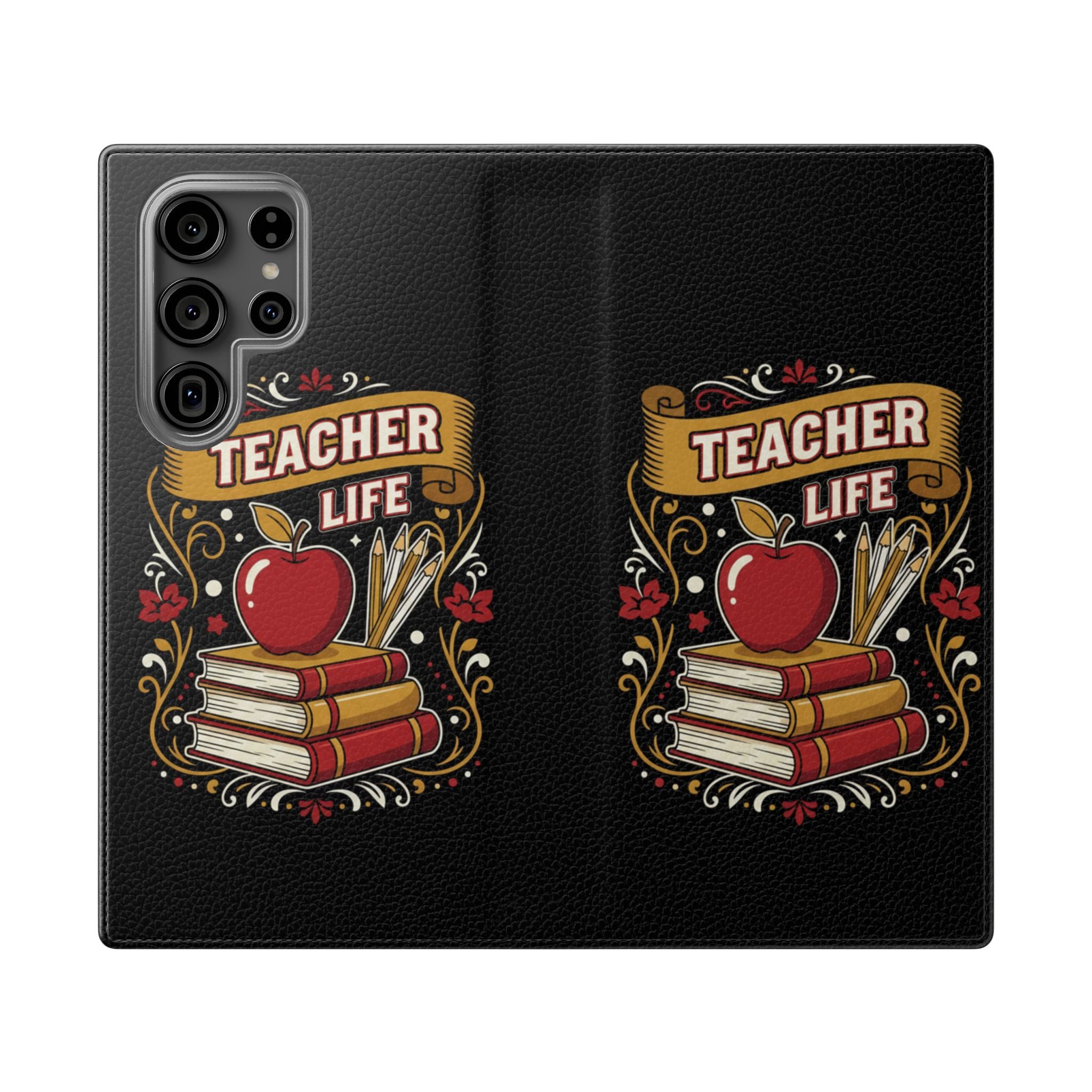 Teacher Life Flip Phone Case – Wallet Folio with Apple & Books Design