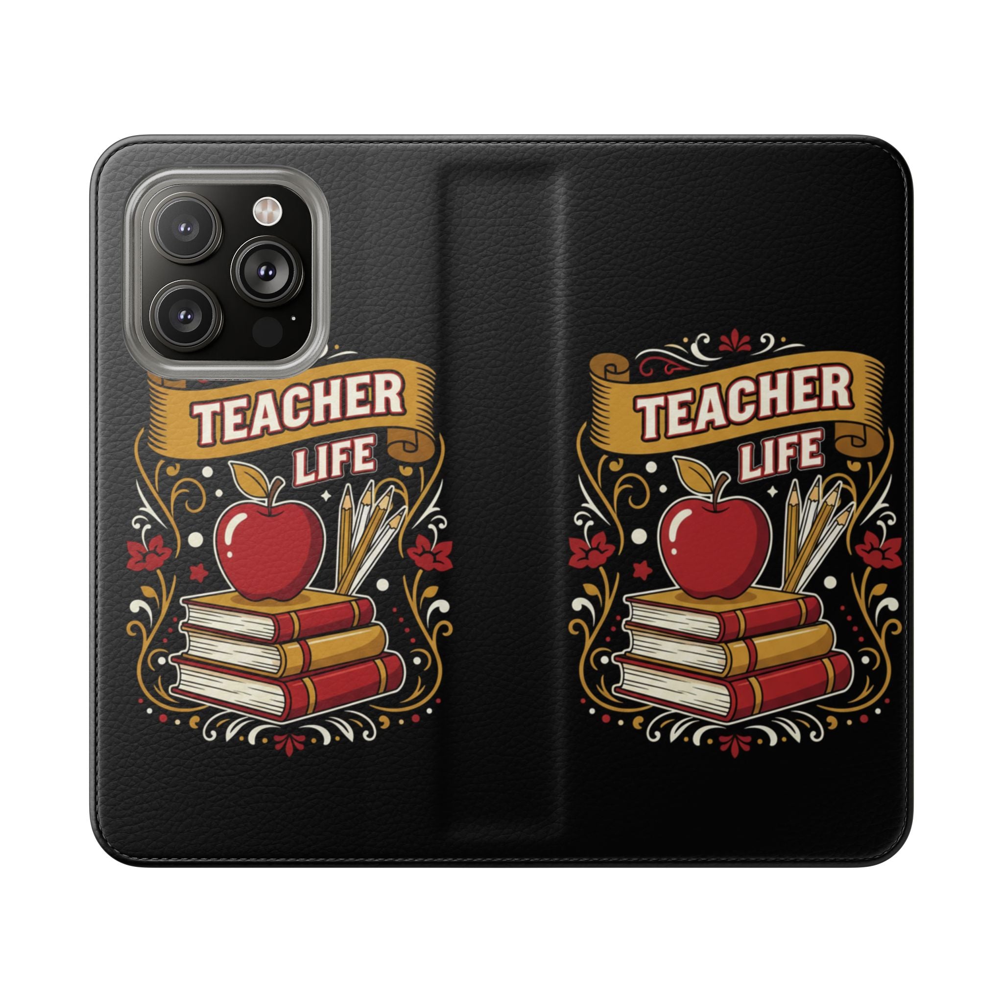 Teacher Life Flip Phone Case – Wallet Folio with Apple & Books Design