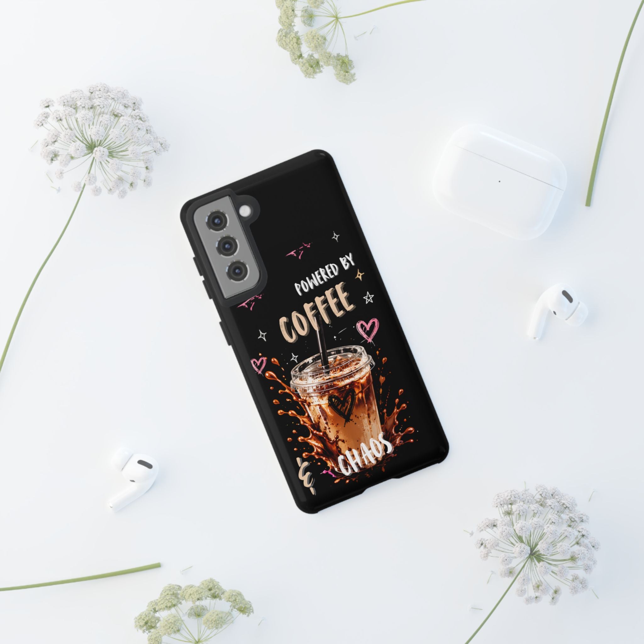 Phone Case — "Powered by Coffee & Chaos" Iced Coffee Protective Cover