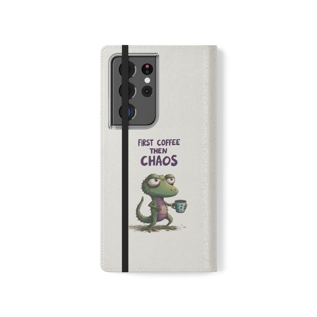 Flip Case — "First Coffee Then Chaos" Cute Dino Phone Wallet