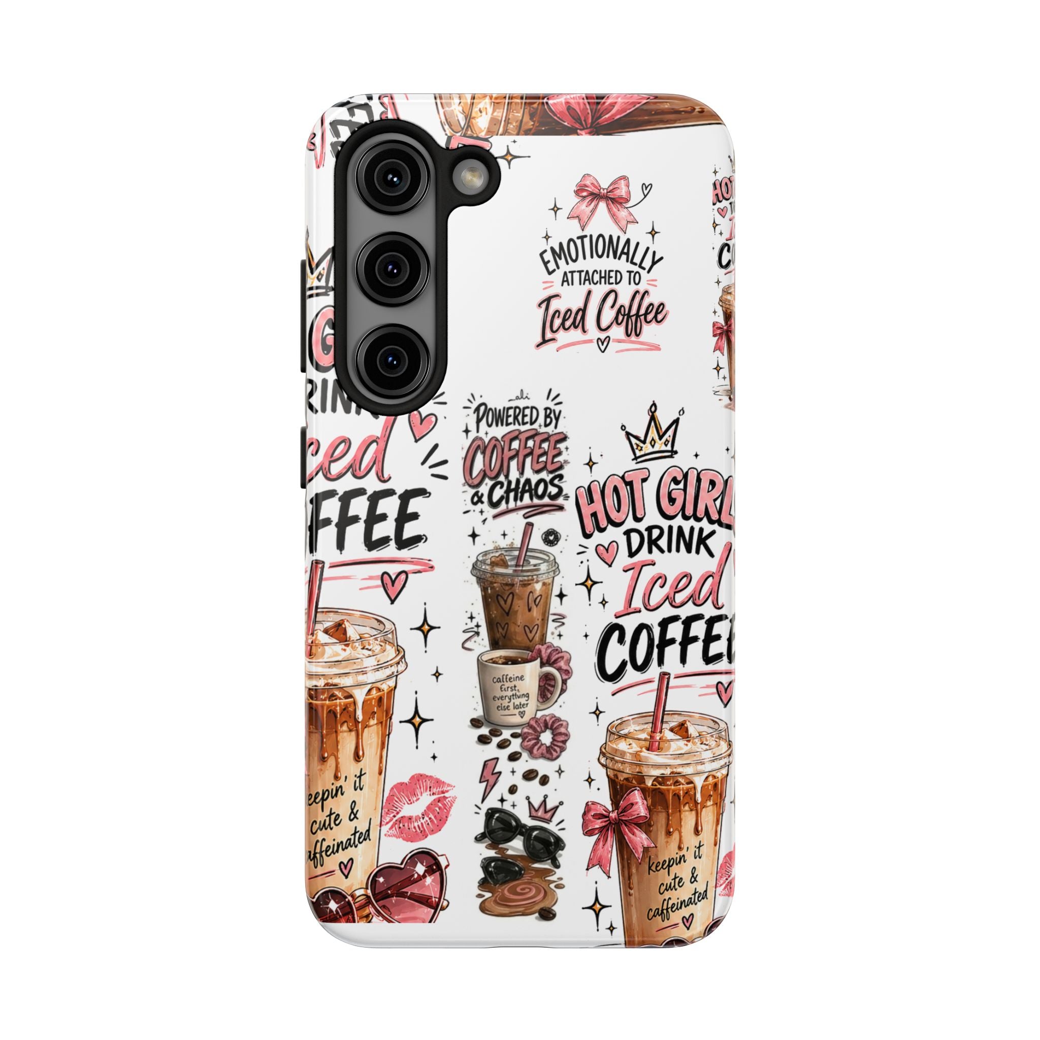 Iced Coffee Pattern Phone Case – "Powered by Coffee & Chaos" Tough Protective Case