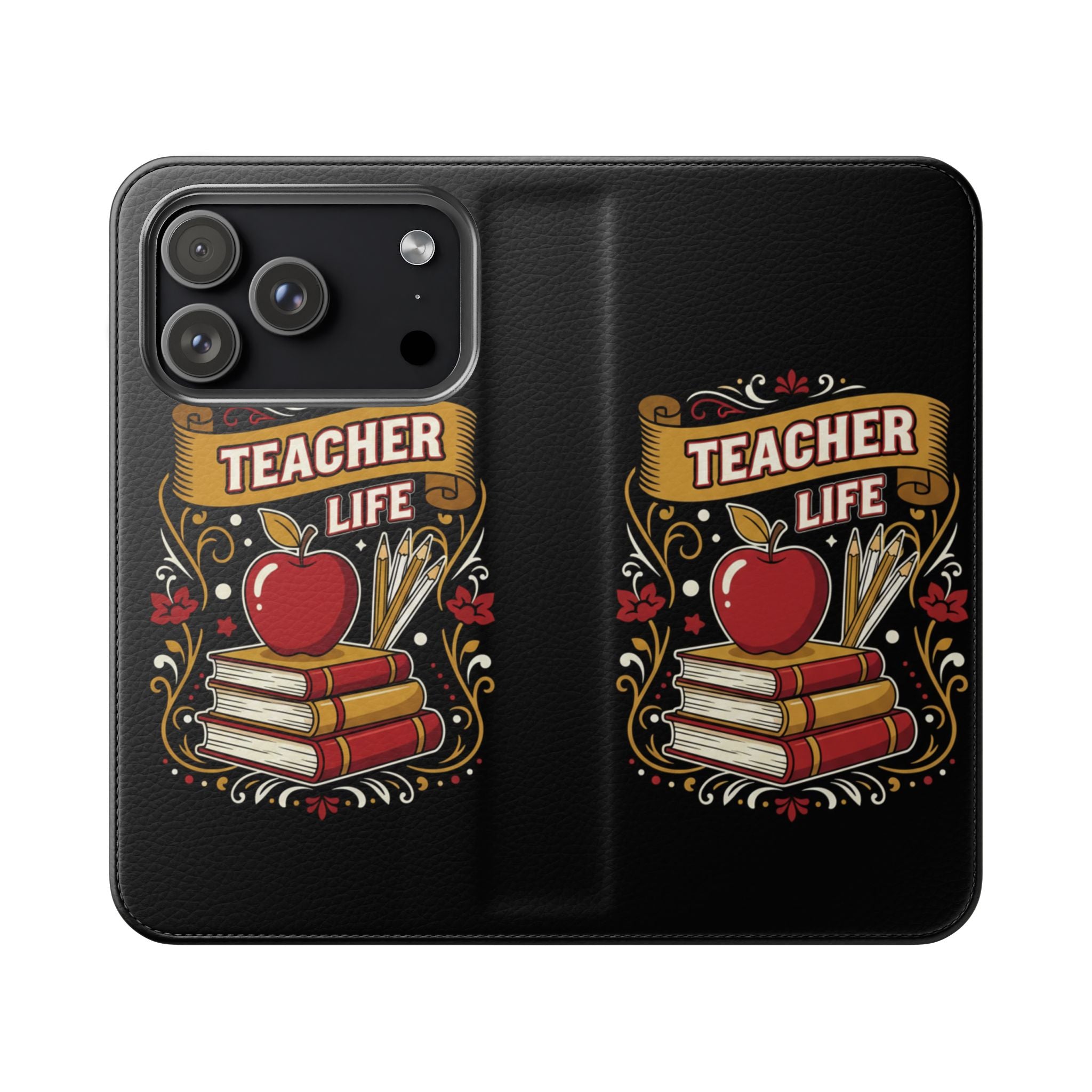 Teacher Life Flip Phone Case – Wallet Folio with Apple & Books Design