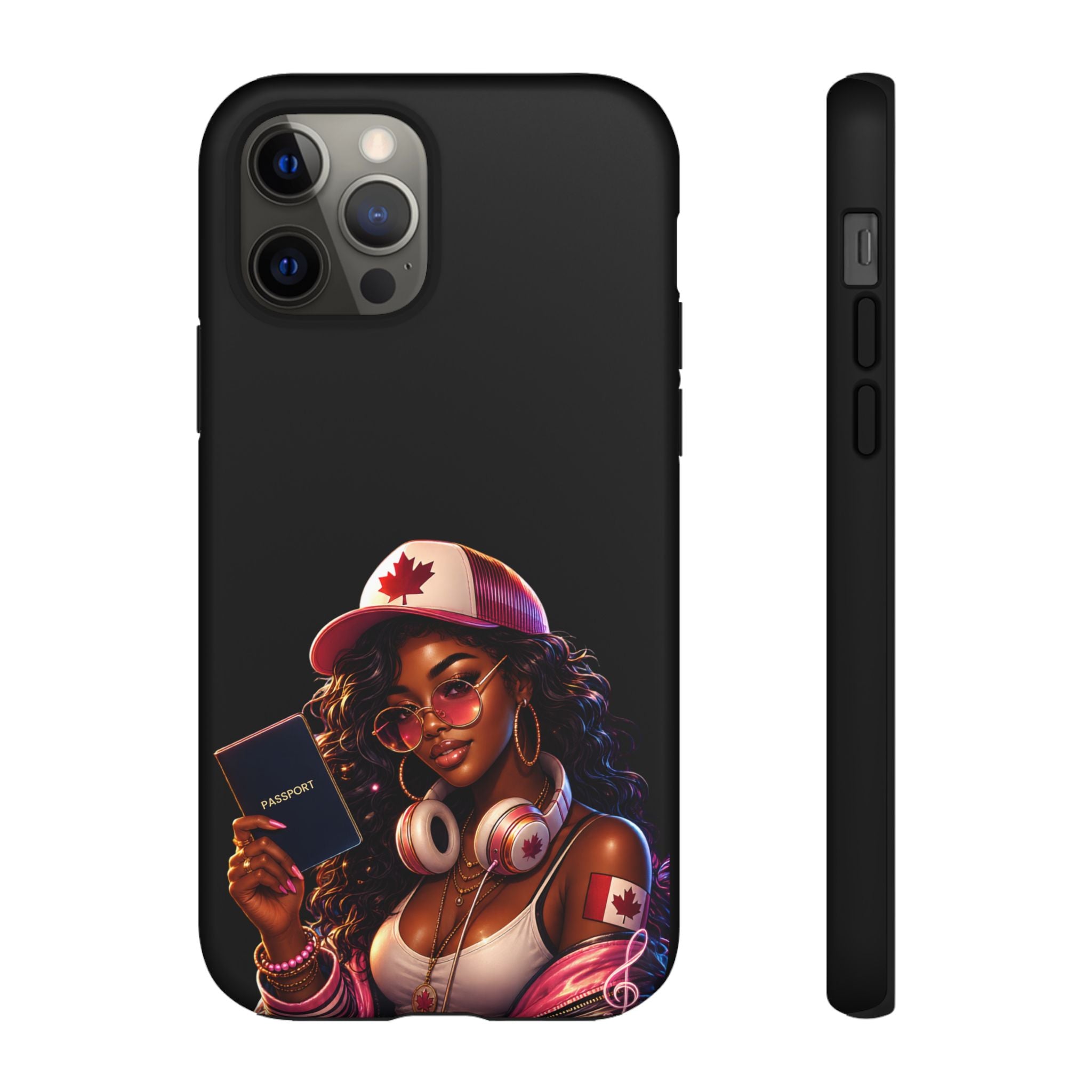 Canadian Vibes Phone Case — Afrobeat Girl with Headphones & Passport Design