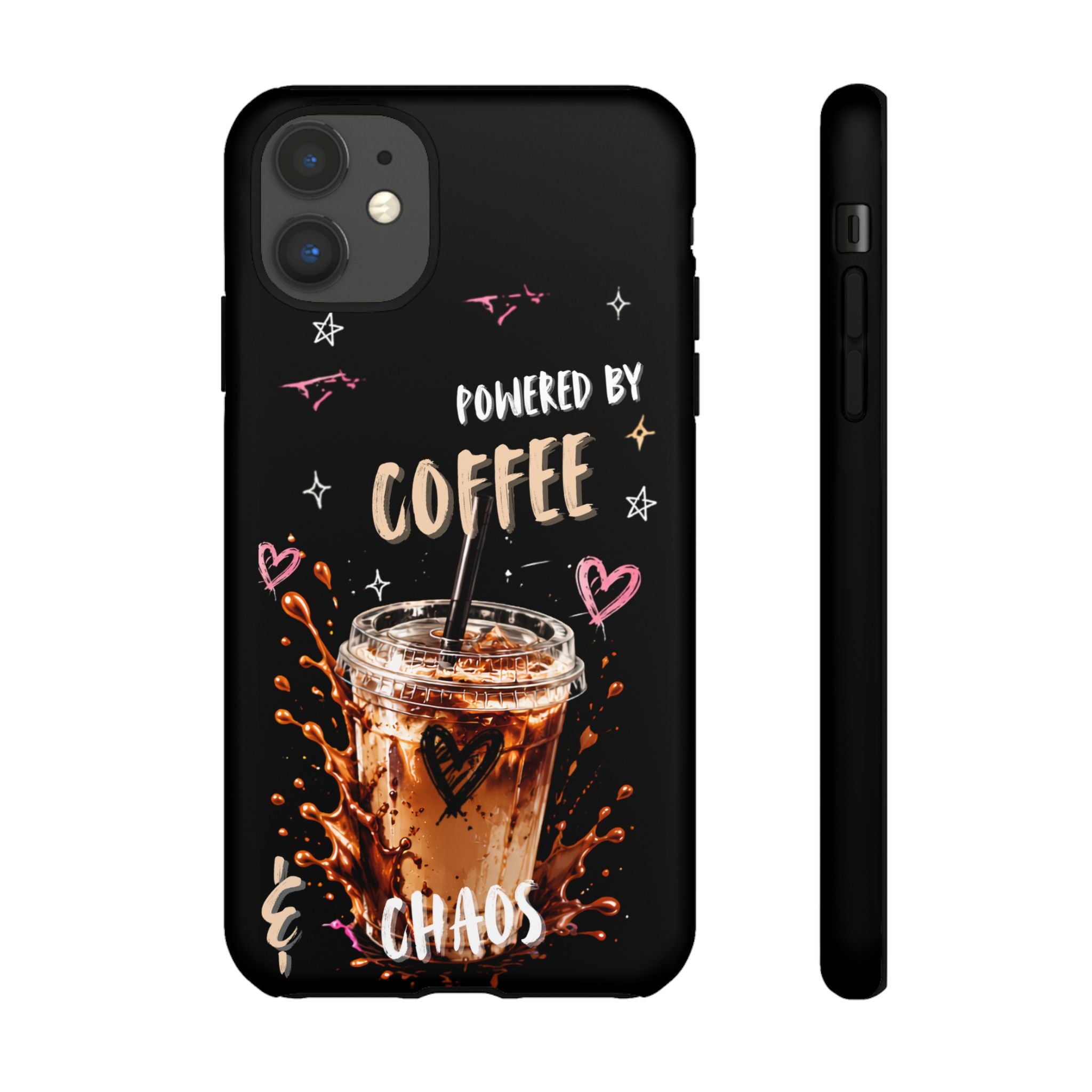 Phone Case — "Powered by Coffee & Chaos" Iced Coffee Protective Cover