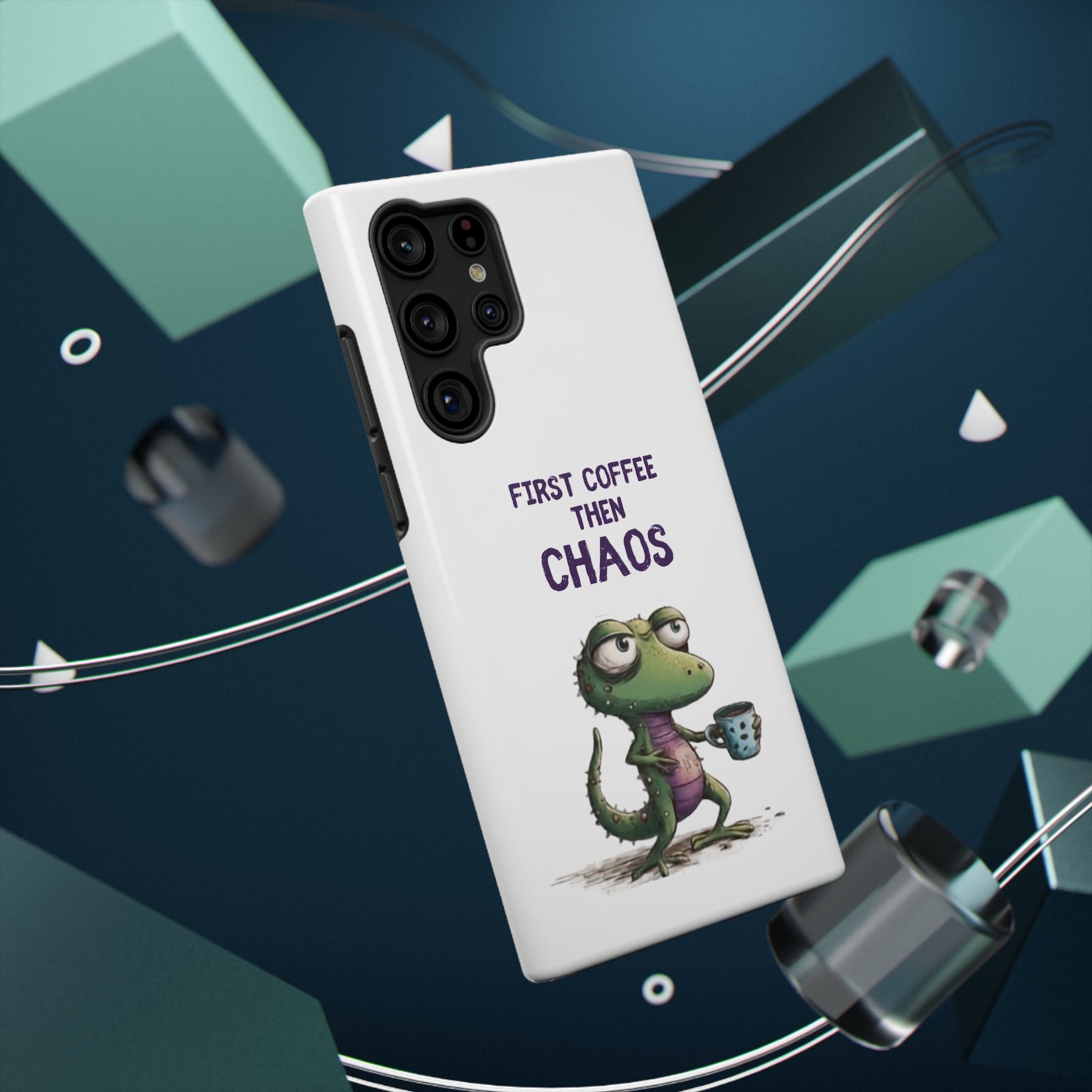 Impact-Resistant Phone Case — "First Coffee Then Chaos" Cute Lizard Coffee Design