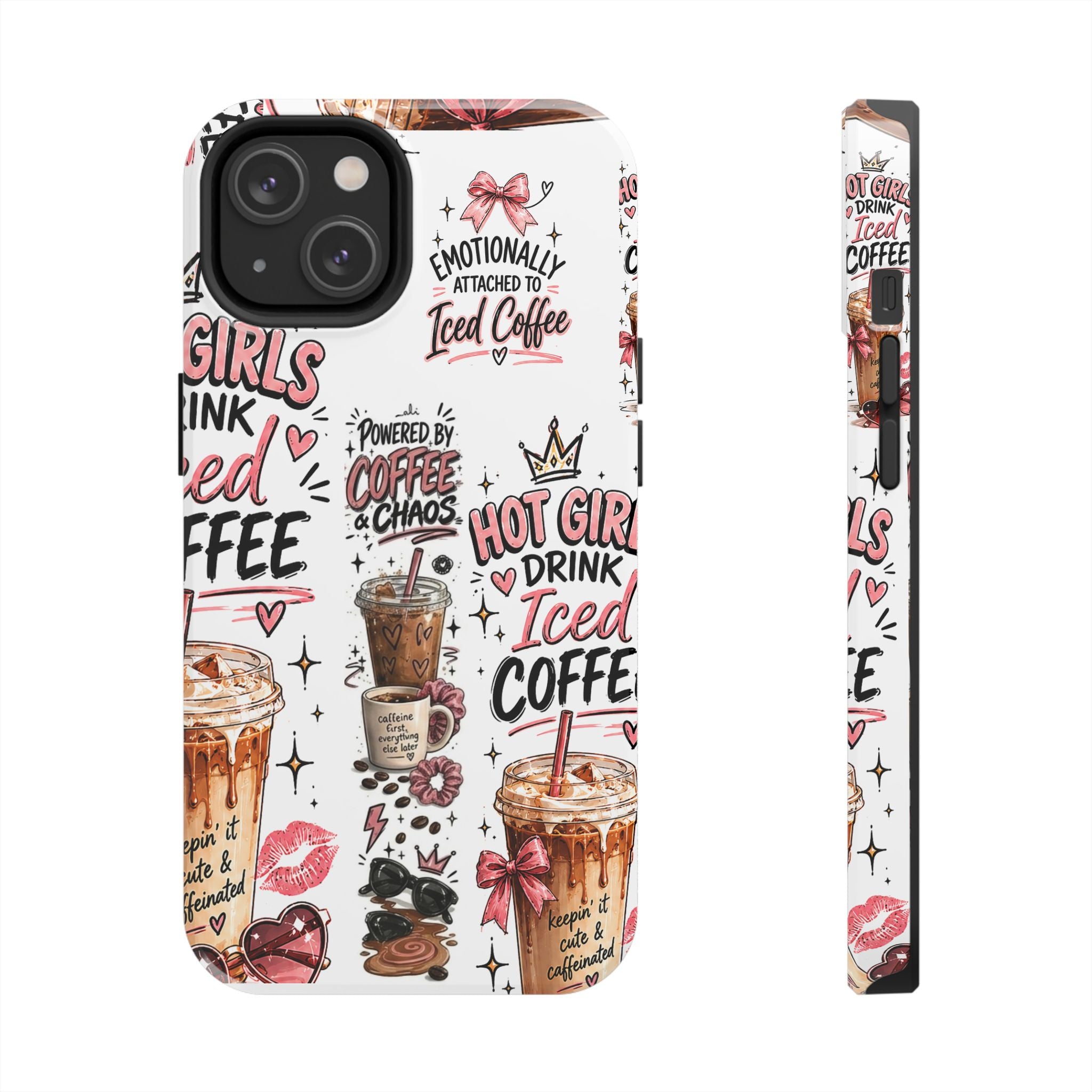 Iced Coffee Pattern Phone Case – "Powered by Coffee & Chaos" Tough Protective Case