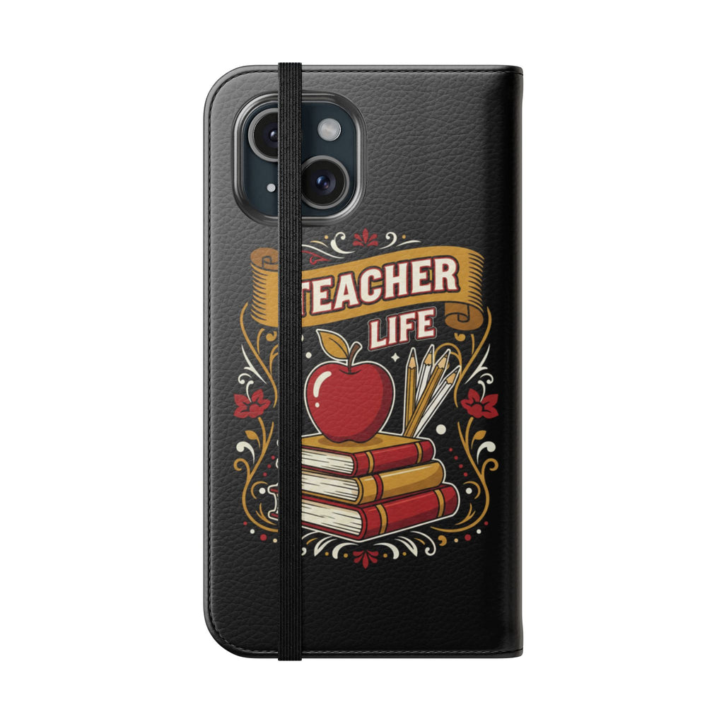 Teacher Life Flip Phone Case – Wallet Folio with Apple & Books Design