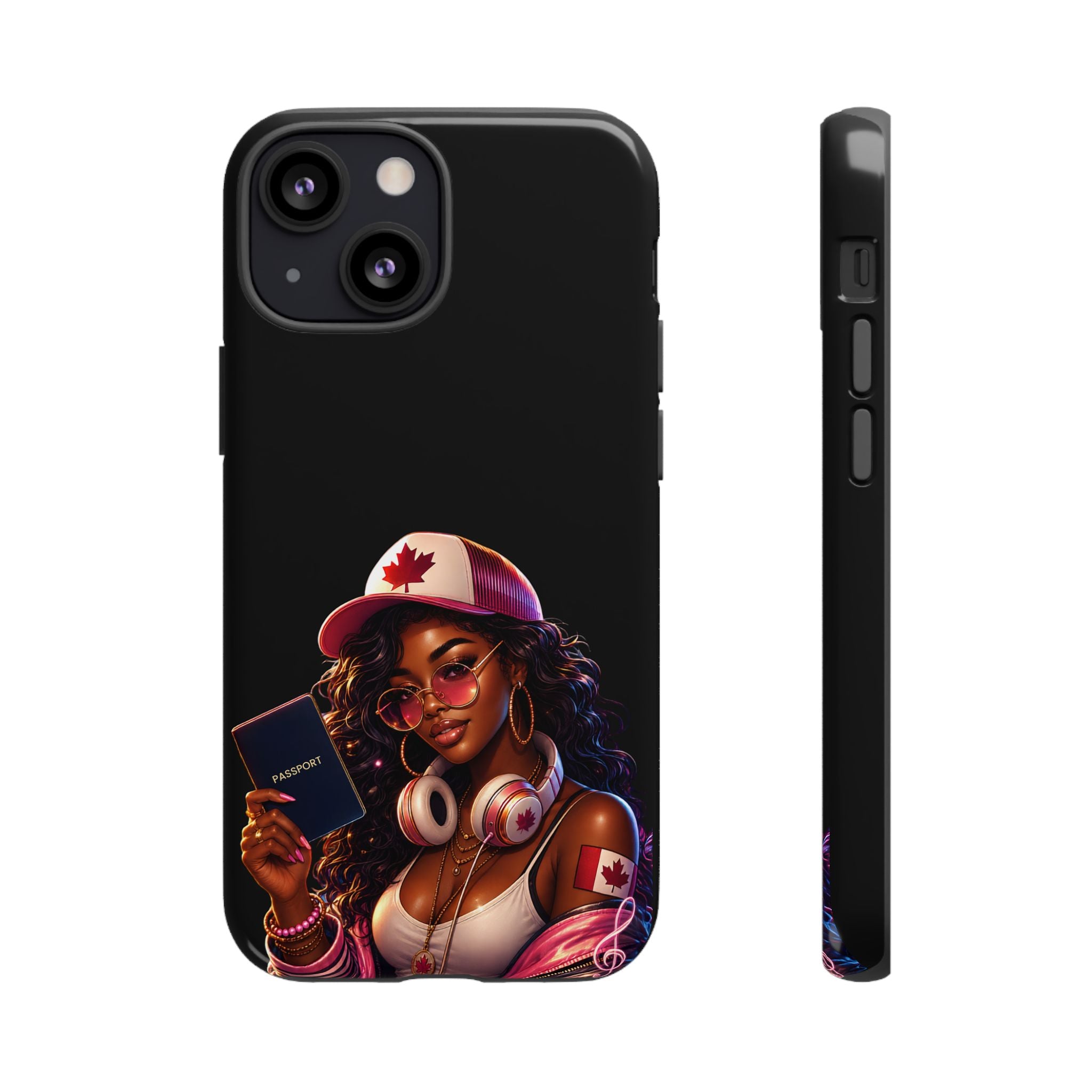Canadian Vibes Phone Case — Afrobeat Girl with Headphones & Passport Design