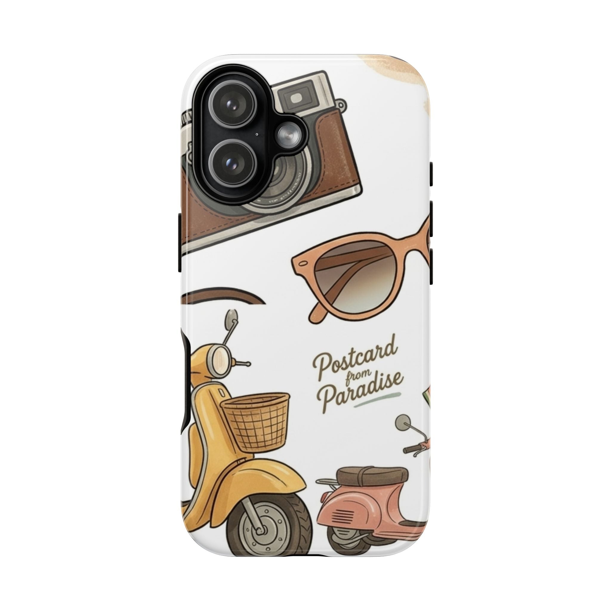 Vintage Summer Beach Phone Case — Feminine Travel Pattern with Cameras, Sunglasses & Scooter