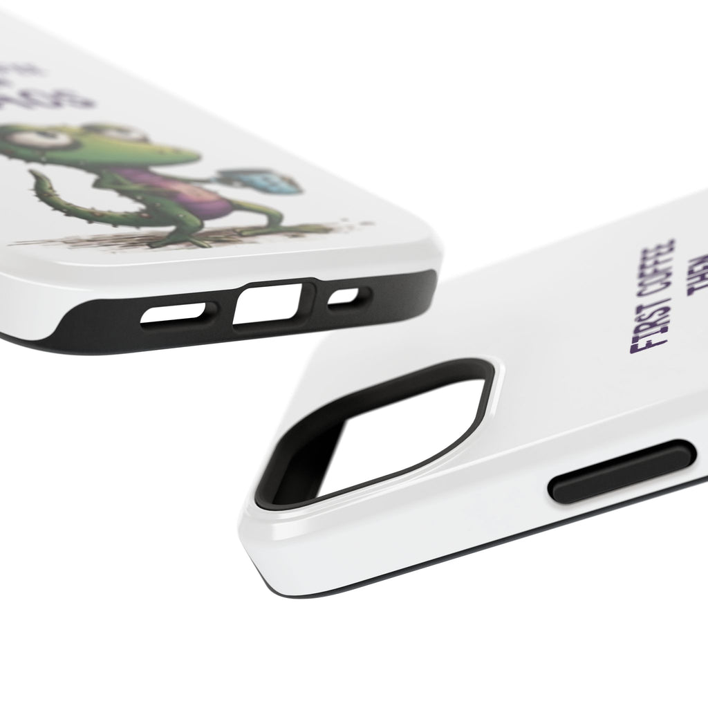 Impact-Resistant Phone Case — "First Coffee Then Chaos" Cute Lizard Coffee Design