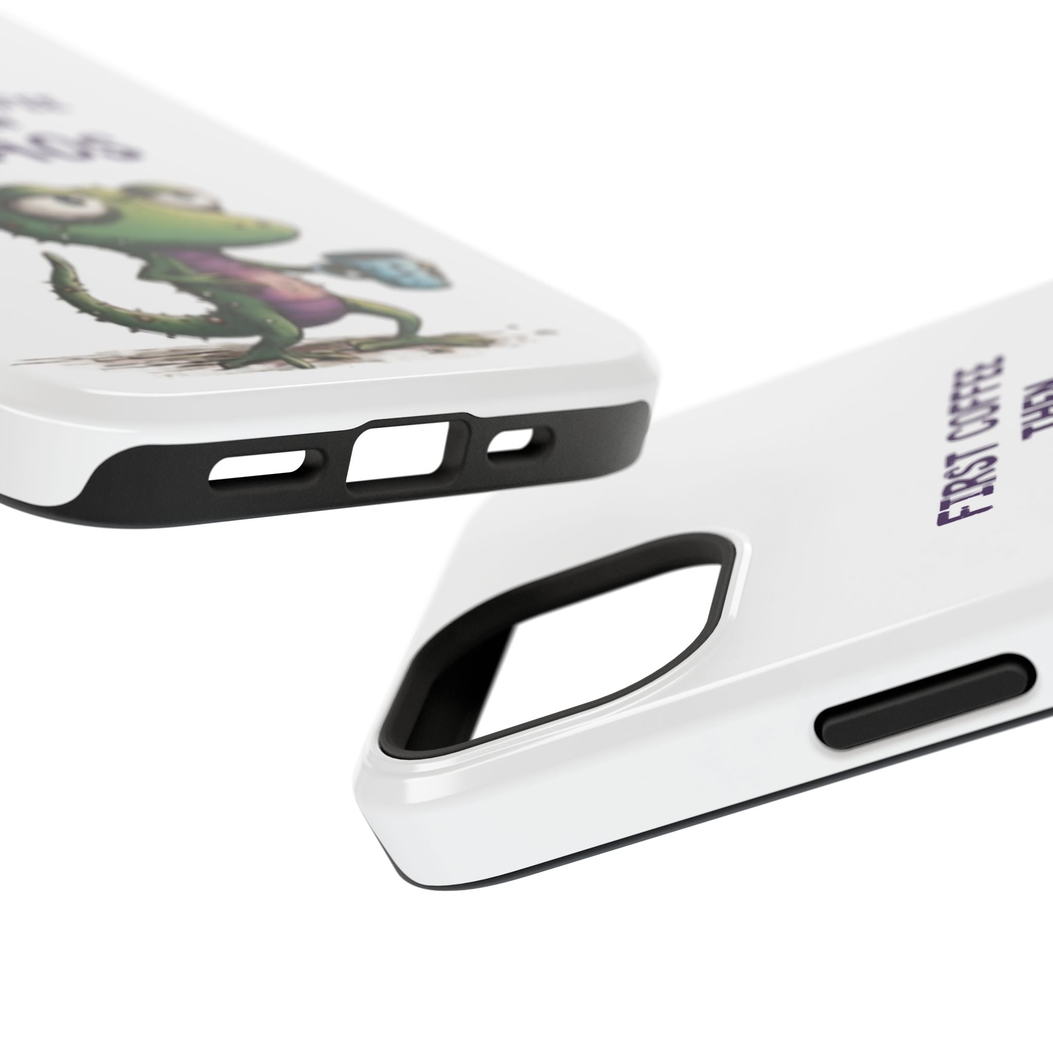 Impact-Resistant Phone Case — "First Coffee Then Chaos" Cute Lizard Coffee Design