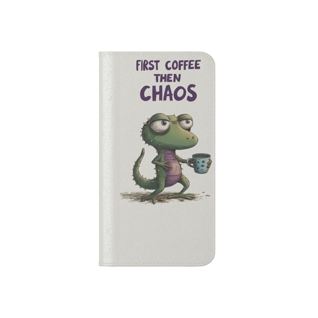 Flip Case — "First Coffee Then Chaos" Cute Dino Phone Wallet