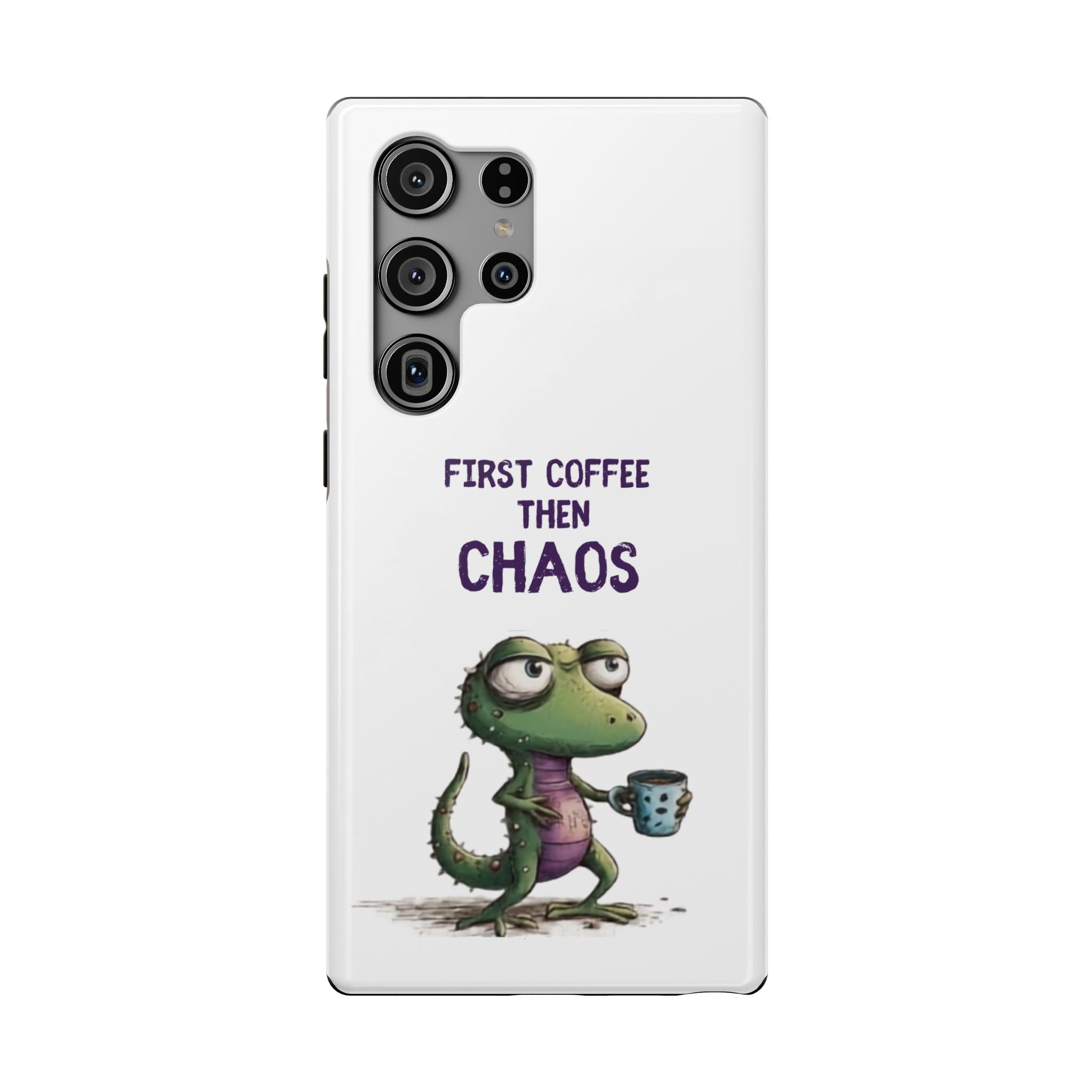 Impact-Resistant Phone Case — "First Coffee Then Chaos" Cute Lizard Coffee Design