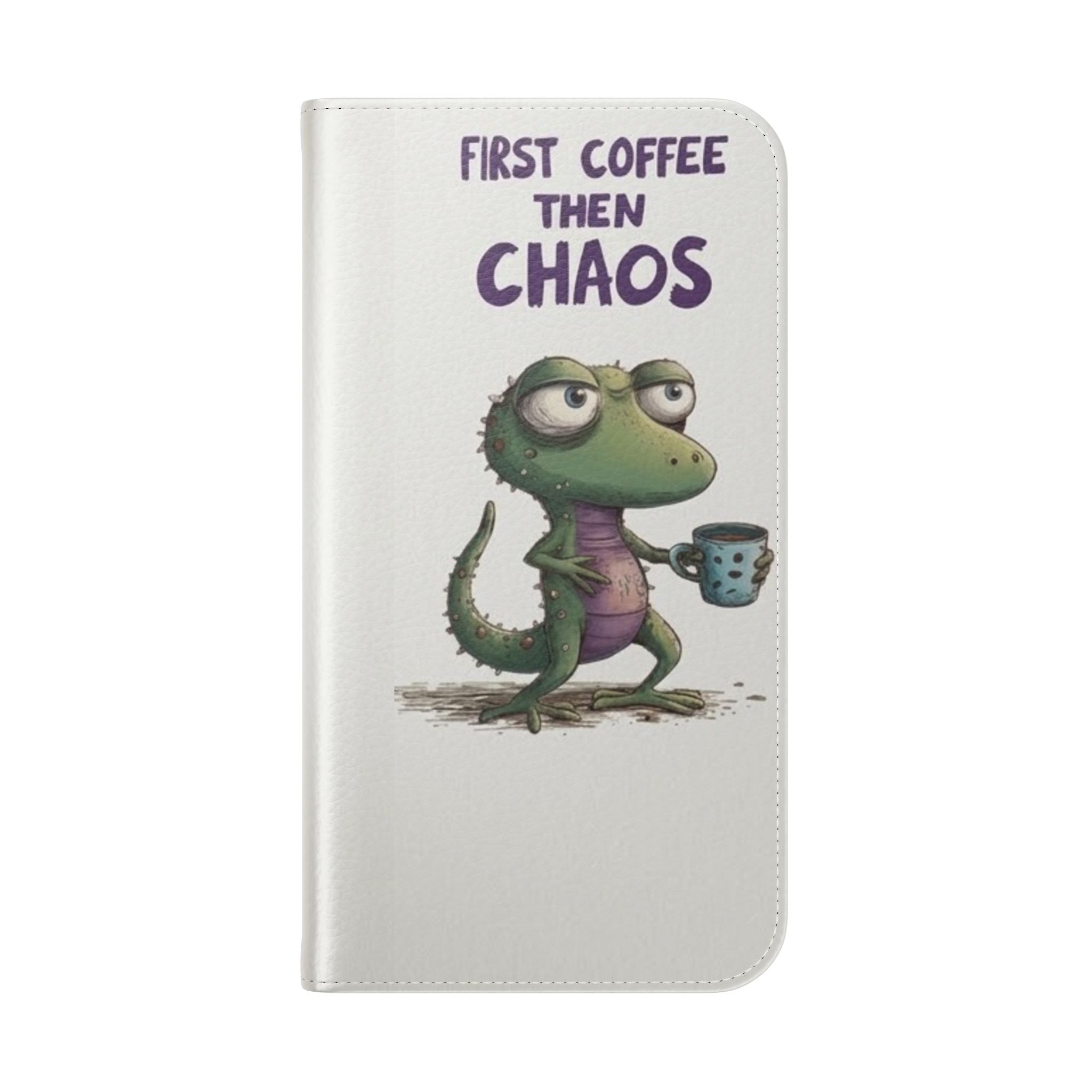 Flip Case — "First Coffee Then Chaos" Cute Dino Phone Wallet