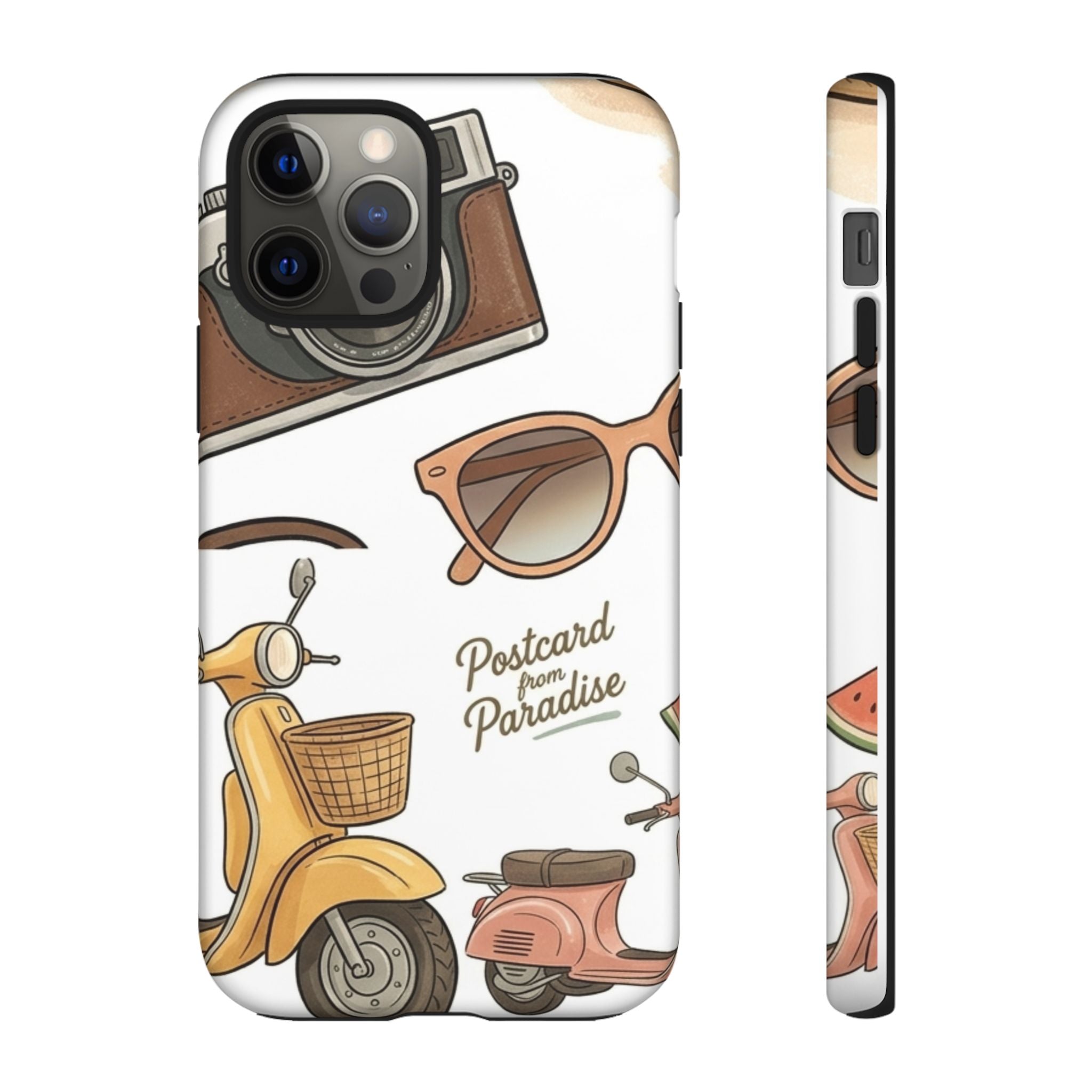 Vintage Summer Beach Phone Case — Feminine Travel Pattern with Cameras, Sunglasses & Scooter