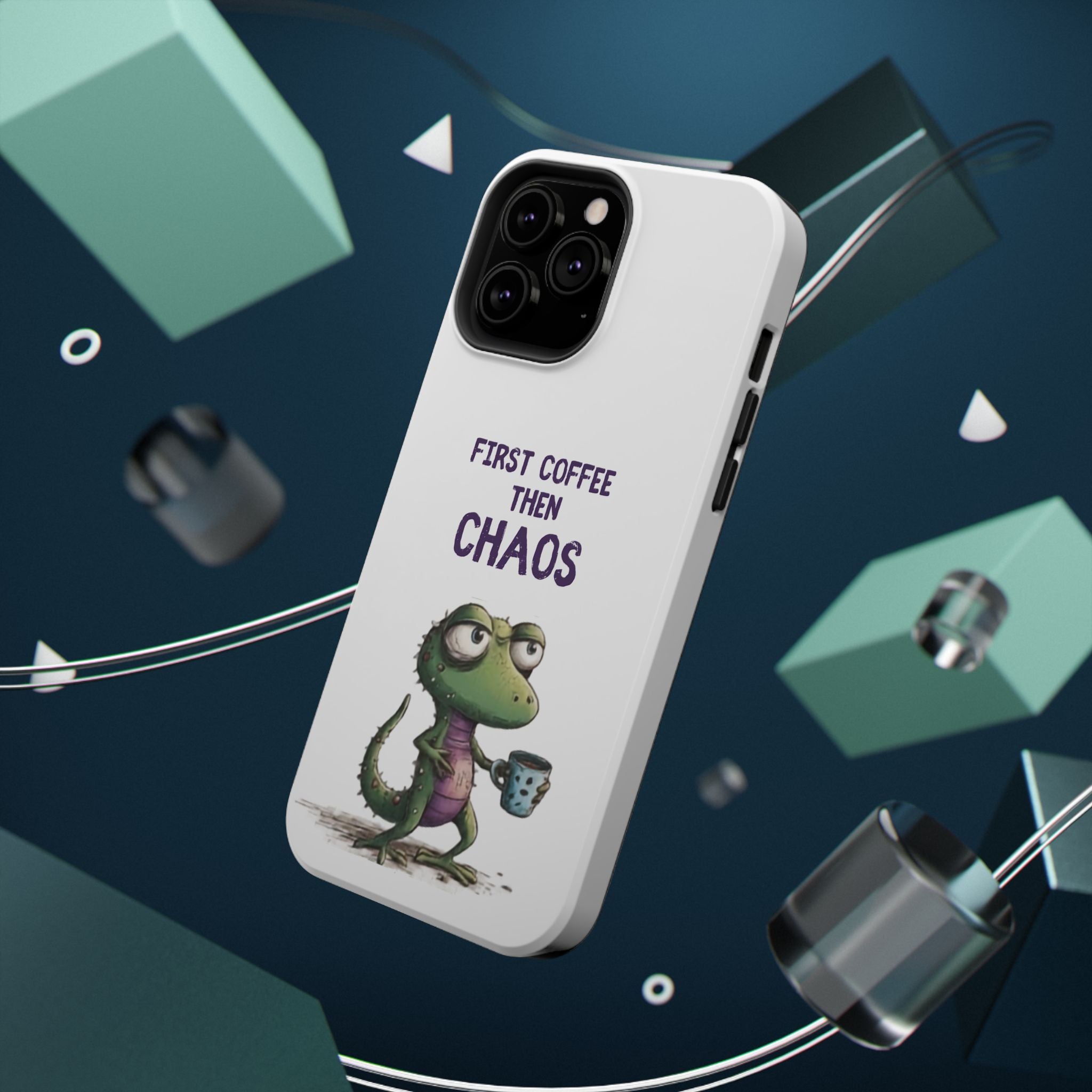 Impact-Resistant Phone Case — "First Coffee Then Chaos" Cute Lizard Coffee Design