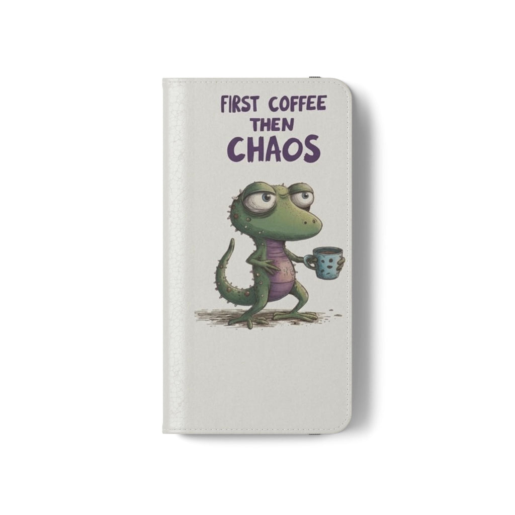 Flip Case — "First Coffee Then Chaos" Cute Dino Phone Wallet