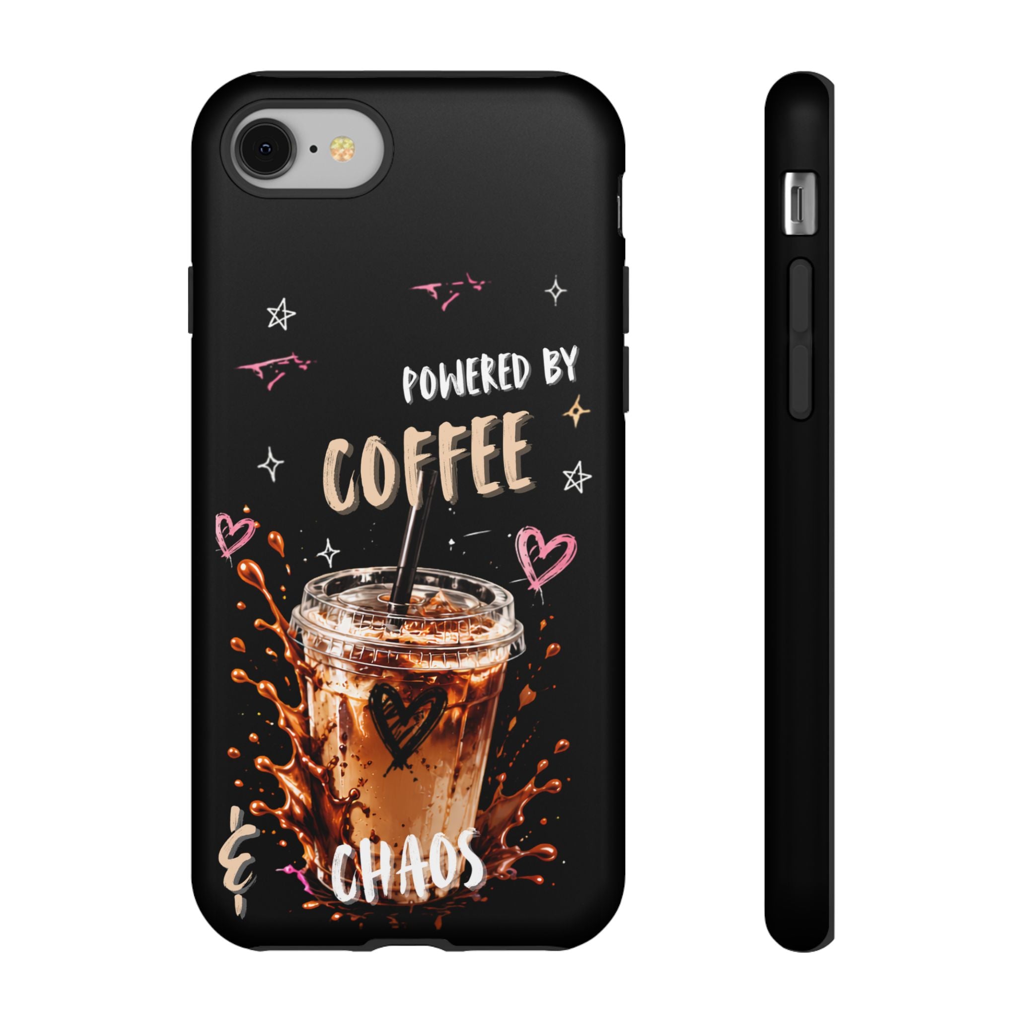 Phone Case — "Powered by Coffee & Chaos" Iced Coffee Protective Cover