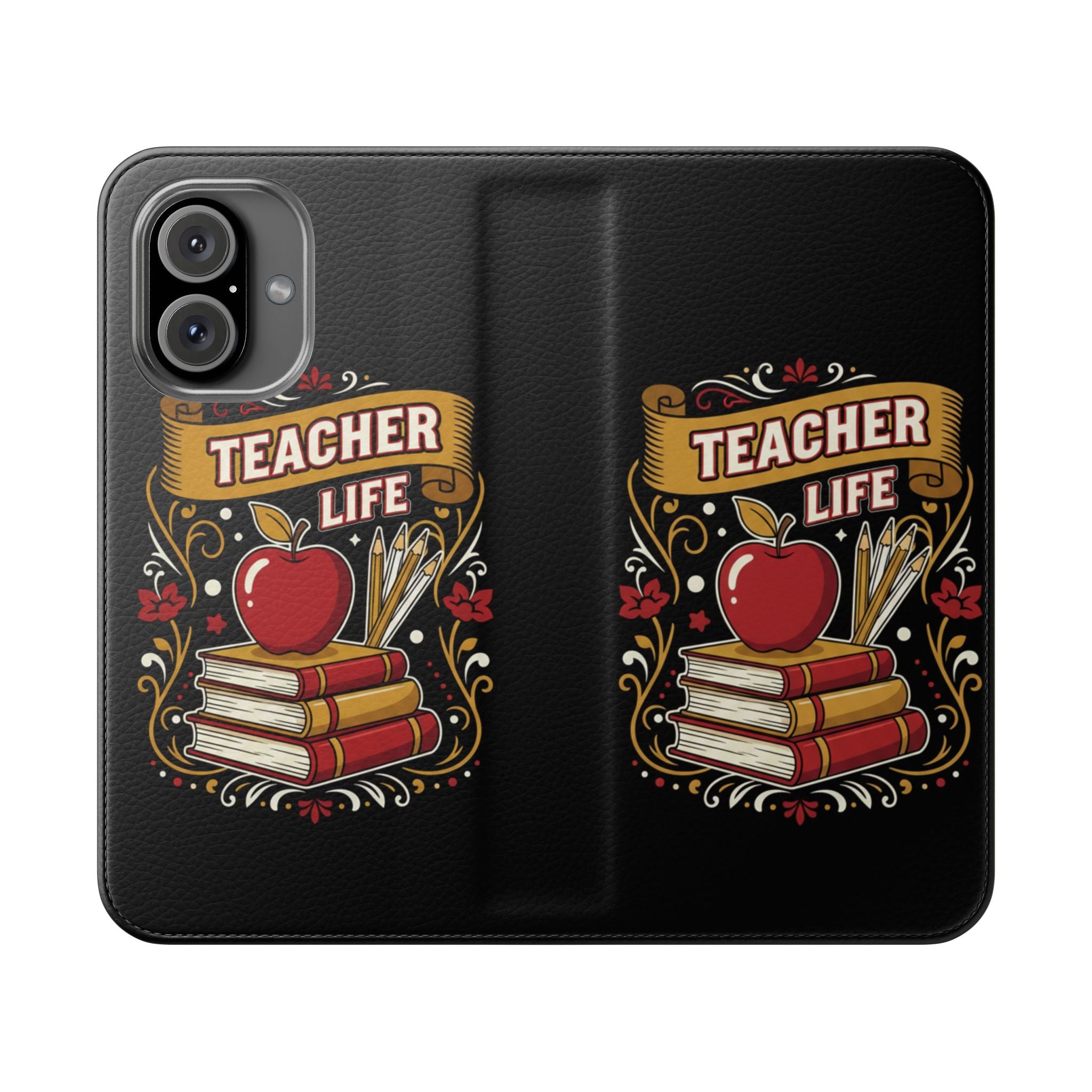 Teacher Life Flip Phone Case – Wallet Folio with Apple & Books Design