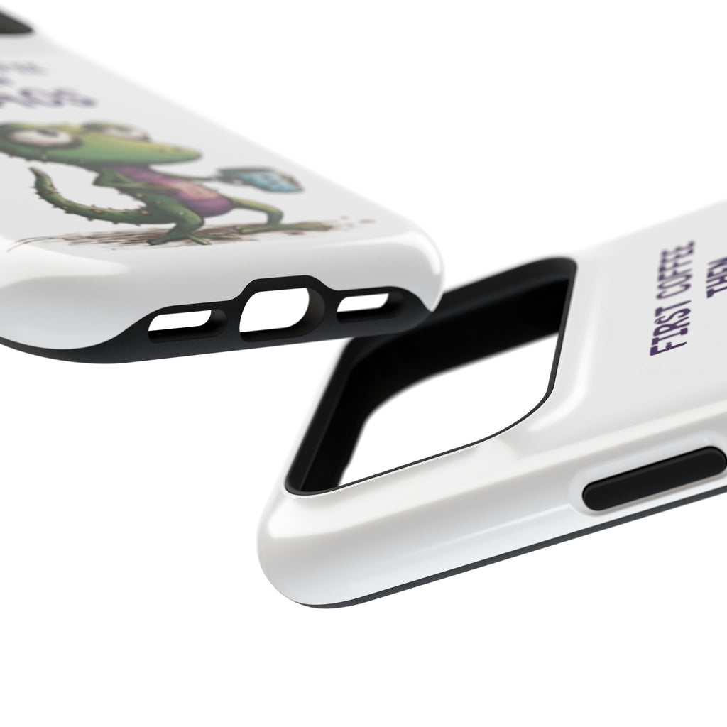 Impact-Resistant Phone Case — "First Coffee Then Chaos" Cute Lizard Coffee Design