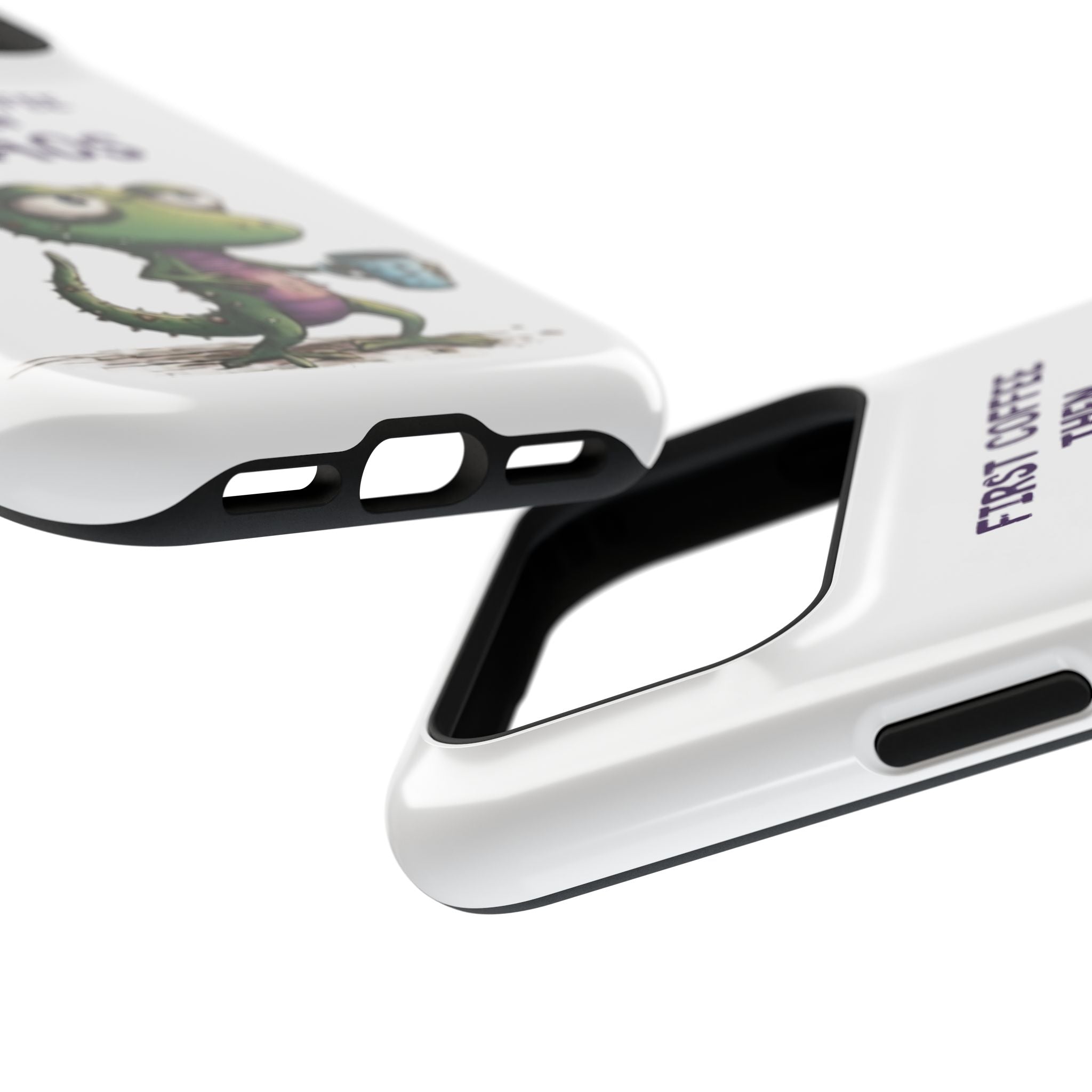 Impact-Resistant Phone Case — "First Coffee Then Chaos" Cute Lizard Coffee Design