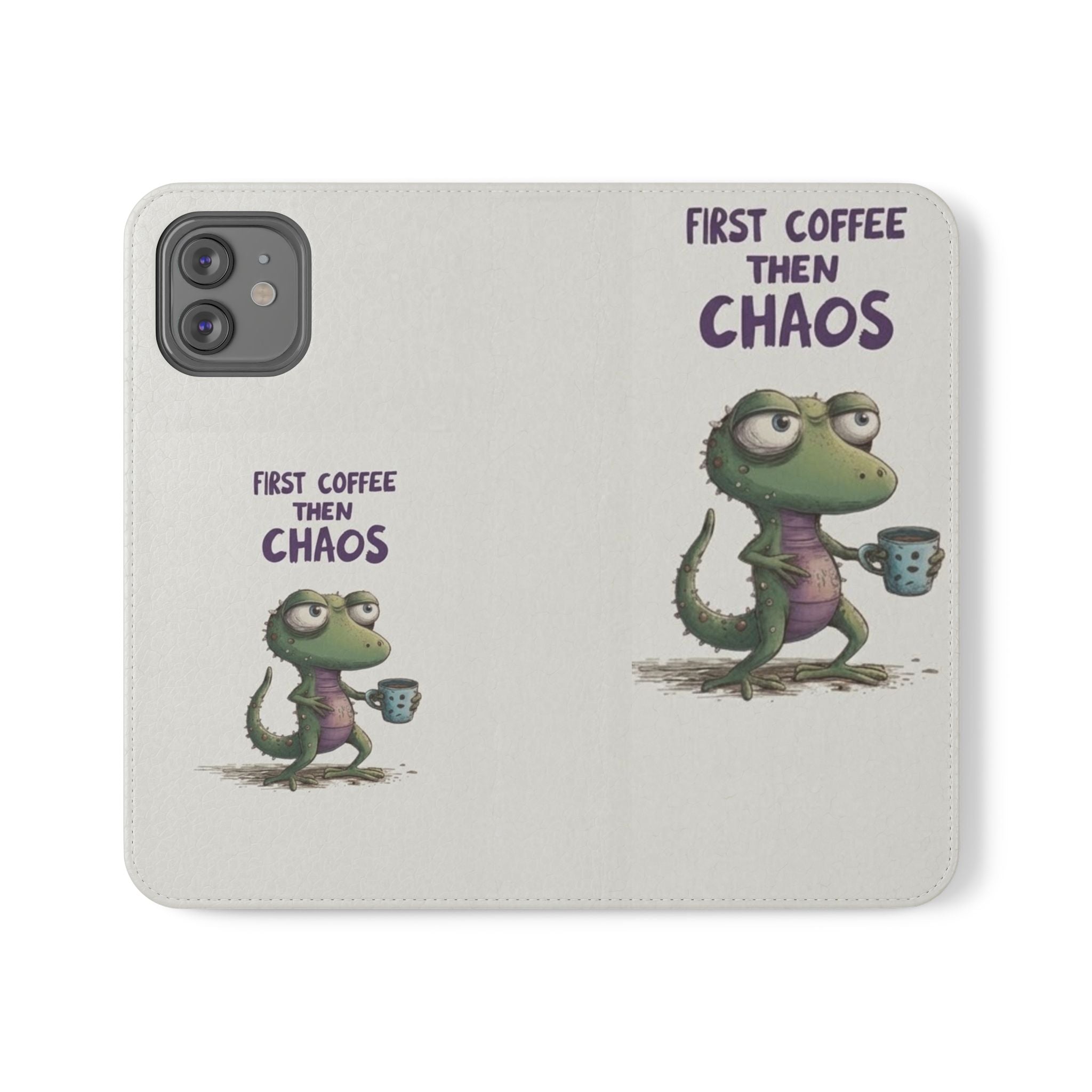 Flip Case — "First Coffee Then Chaos" Cute Dino Phone Wallet