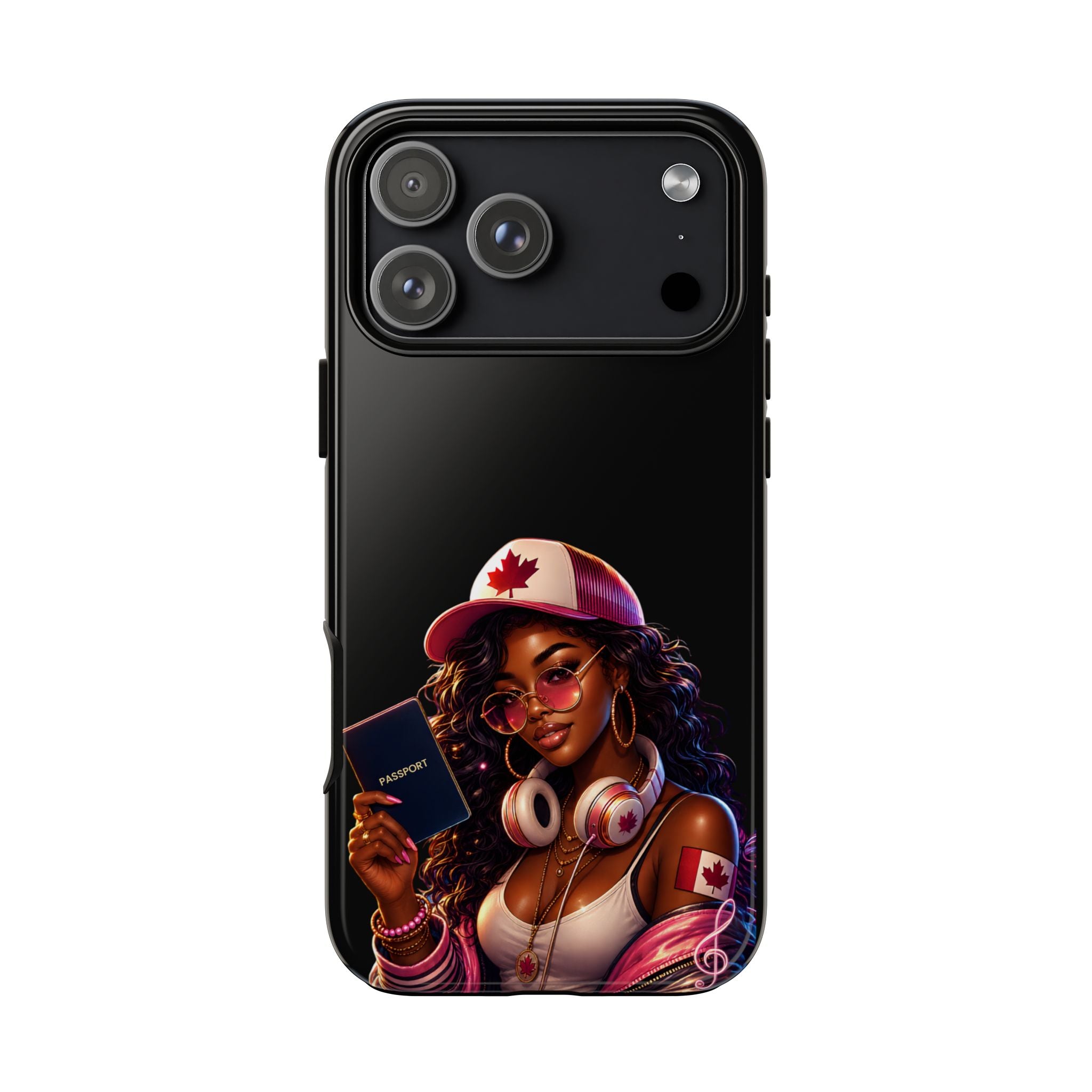 Canadian Vibes Phone Case — Afrobeat Girl with Headphones & Passport Design