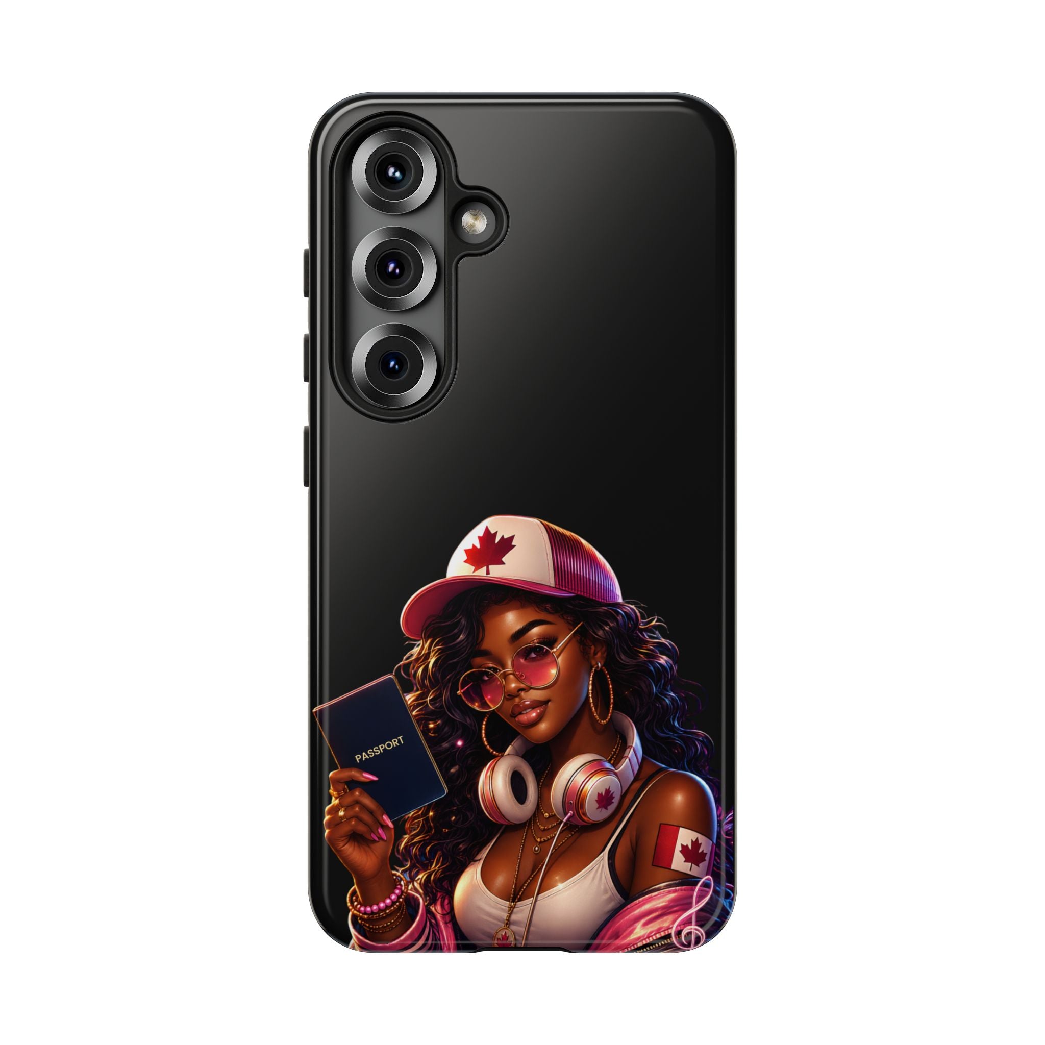 Canadian Vibes Phone Case — Afrobeat Girl with Headphones & Passport Design