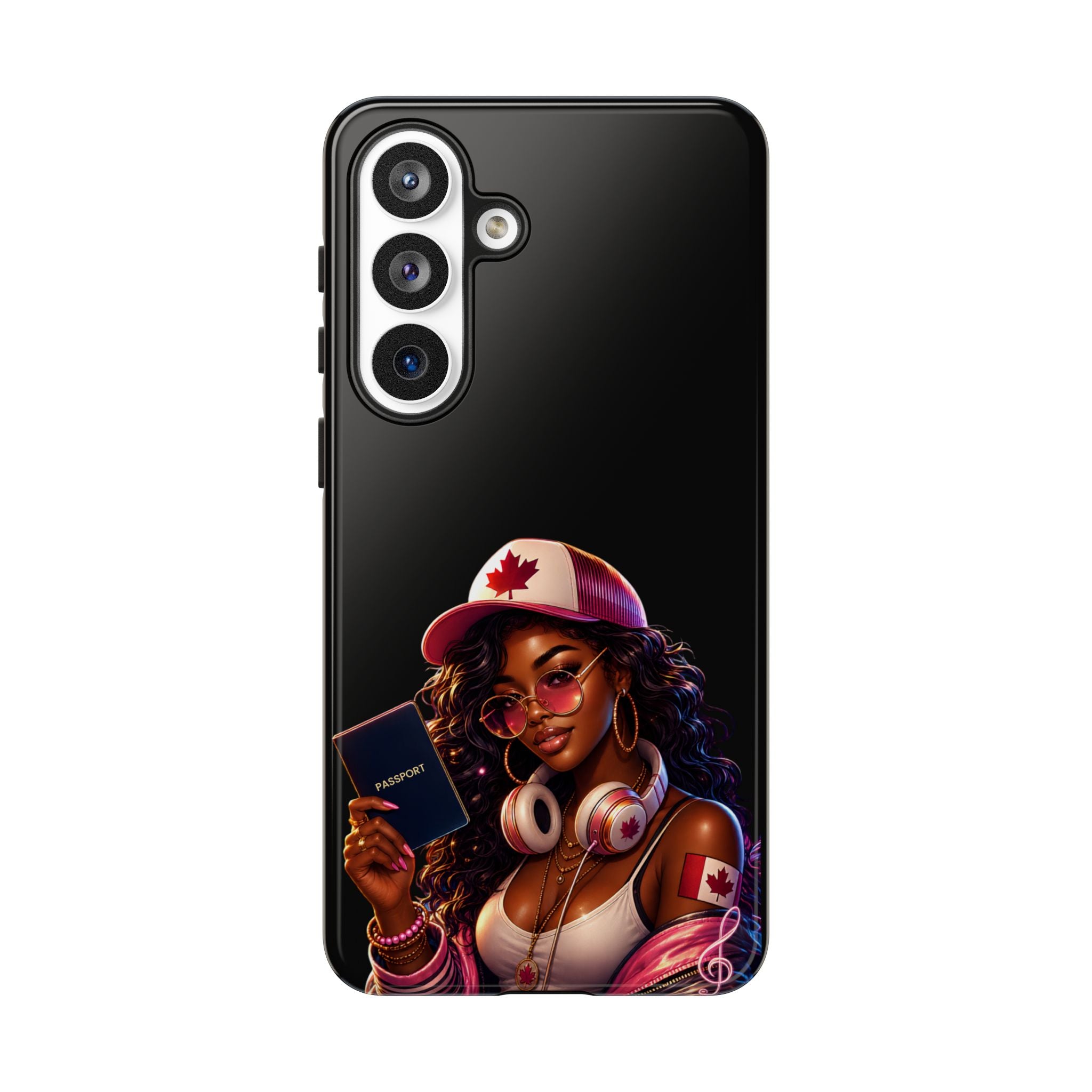 Canadian Vibes Phone Case — Afrobeat Girl with Headphones & Passport Design